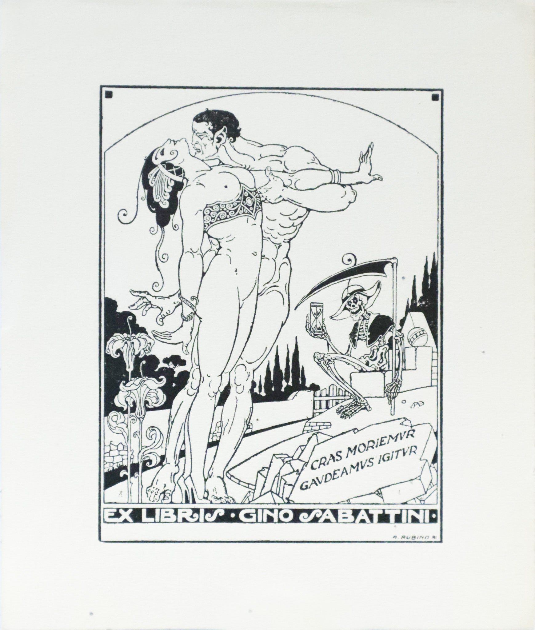 Antique 1920 Italian Engraved Bookplate (Ex Libris) - Cras Moriemur Gaudeamus Igitur - Vintage Collectible for Book Lovers & Home Decor