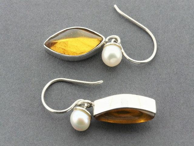 Elegant Almond-Shaped Amber & Freshwater Pearl Earrings in Sterling Silver - Perfect for Weddings, Parties & Special Occasions