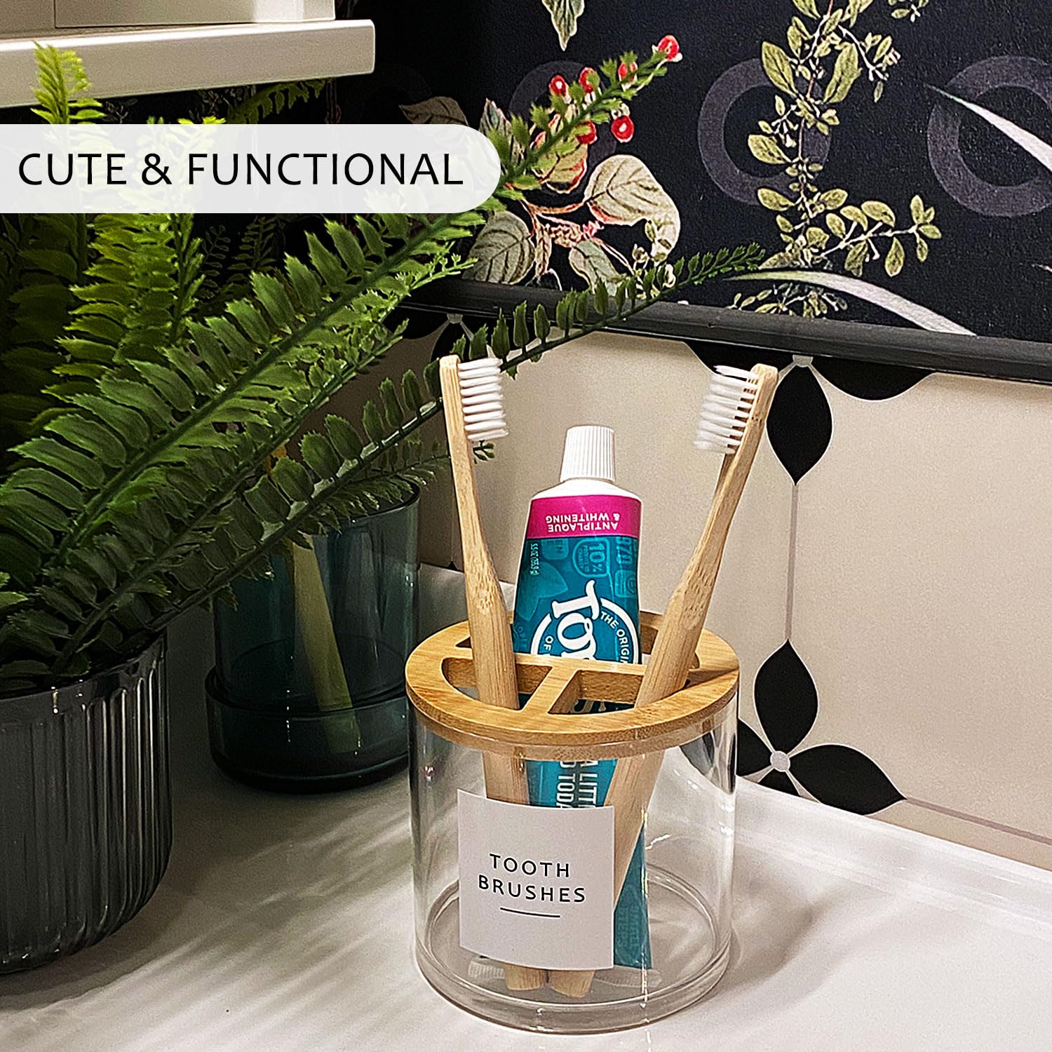 Clear Plastic Toothbrush Holder with Bamboo Lid - Bathroom Organizer Stand for Vanity Countertops (1 Pack) | Perfect for Modern Bathroom Decor & Toothbrush Storage