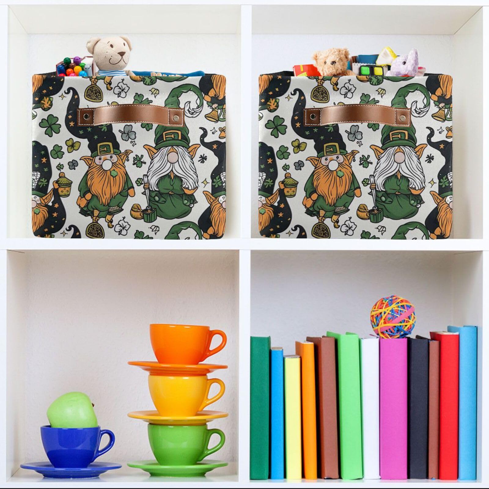 Qilmy St. Patrick's Day Gnome Storage Basket 2 Pack - Collapsible Canvas Rectangular Bin with Leather Handles for Closet, Office, Nursery | Perfect for Holiday Decor & Home Organization
