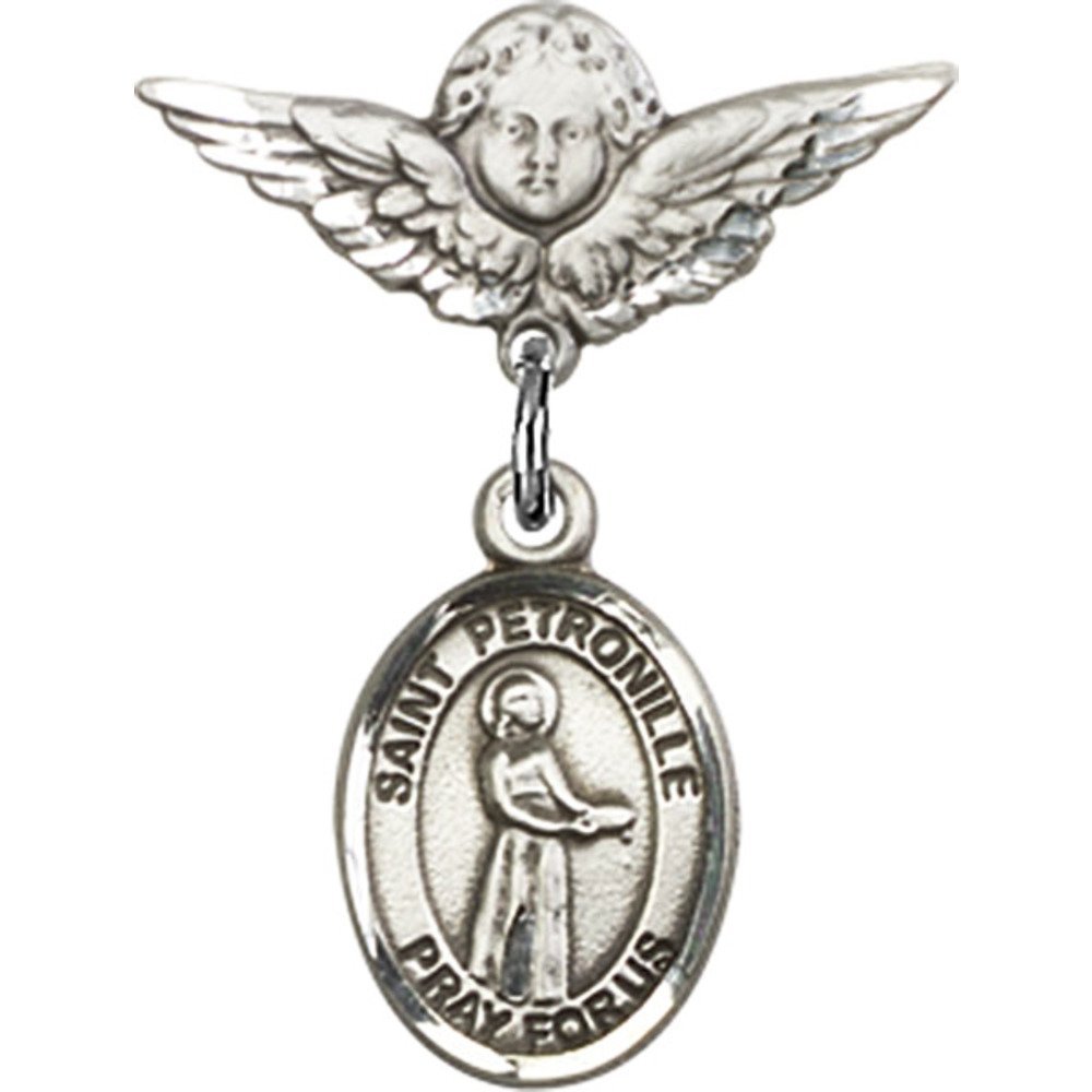 Stunning Sterling Silver Baby Badge with St. Petronille Charm & Angel Wing Pin - 7/8