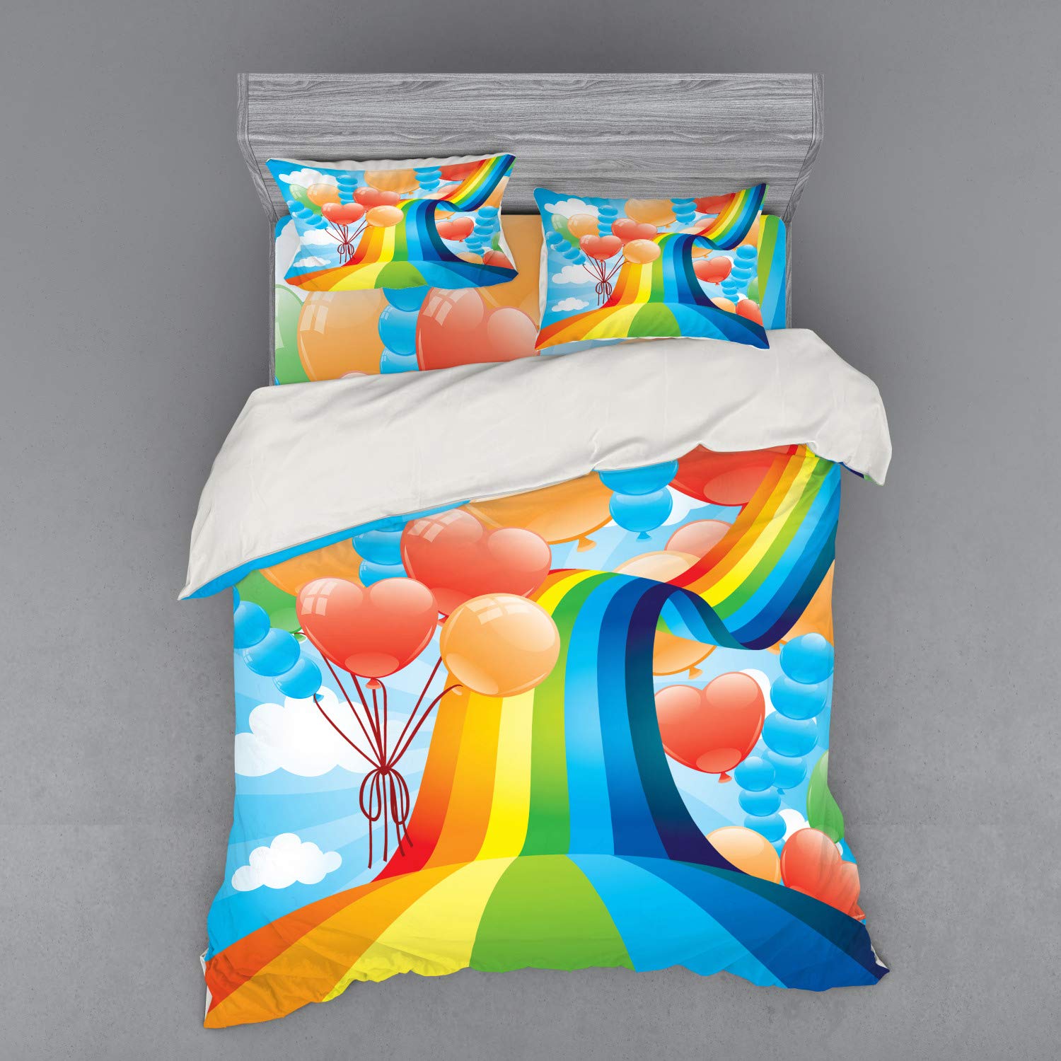 Ambesonne Cartoon Bedding Set - Rainbow Sky with Balloons & Hearts, 4-Piece Duvet Cover Set with Shams & Fitted Sheet, Queen Size, Multicolor | Valentine's Day, Spring Theme, Romantic Love Decor for Bedroom