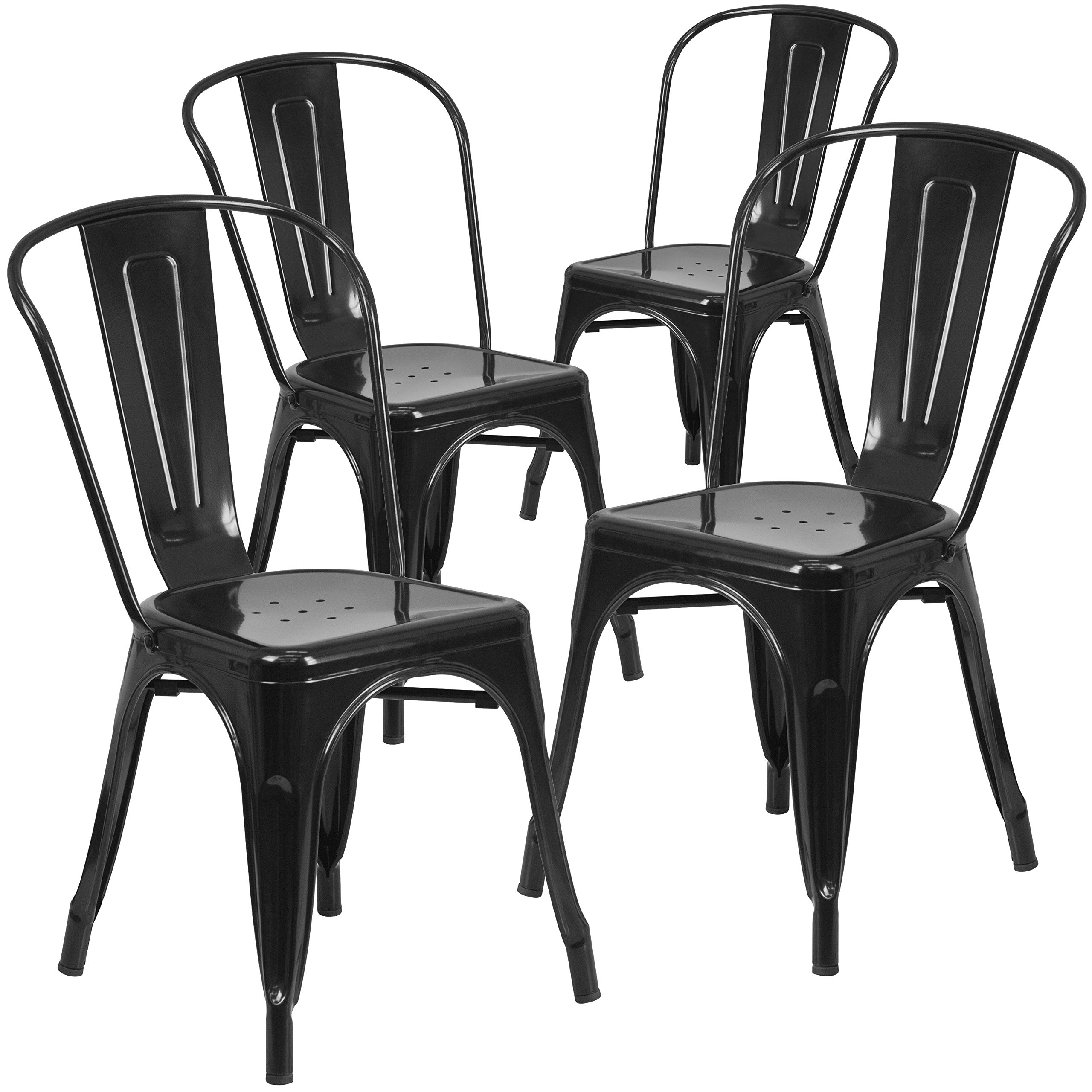 4 Pack Black Metal Stackable Chairs for Indoor & Outdoor Use - Heavy Duty Bistro & Restaurant Chairs for Dining, Patio, Cafe, and Commercial Spaces
