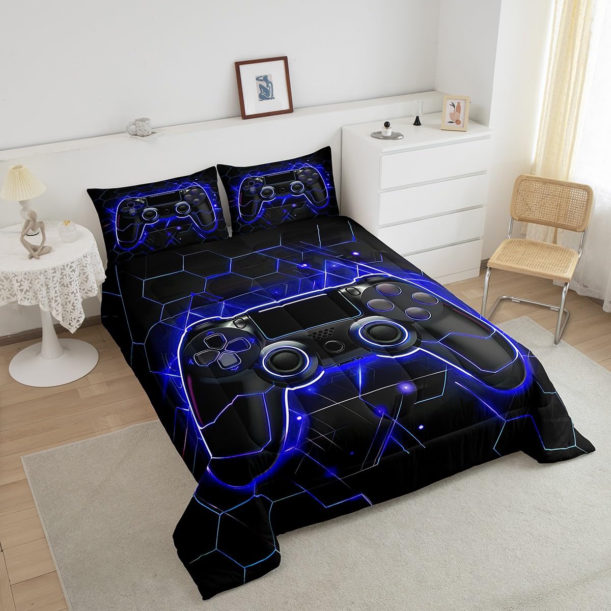 Gaming Comforter Set for Boys - Neon Lights Gamepad Bed Quilt for Teen Bedroom Decor