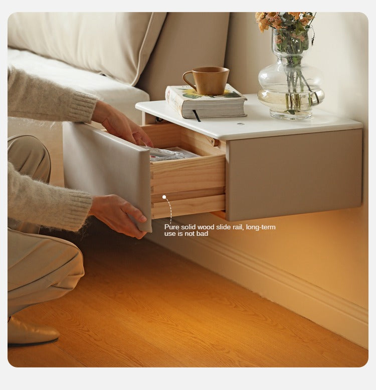Organic Leather Floating Nightstand - Wall Mounted Cream Rock Board Shelf for Bedroom, Living Room & Office - Modern Minimalist Storage Solution