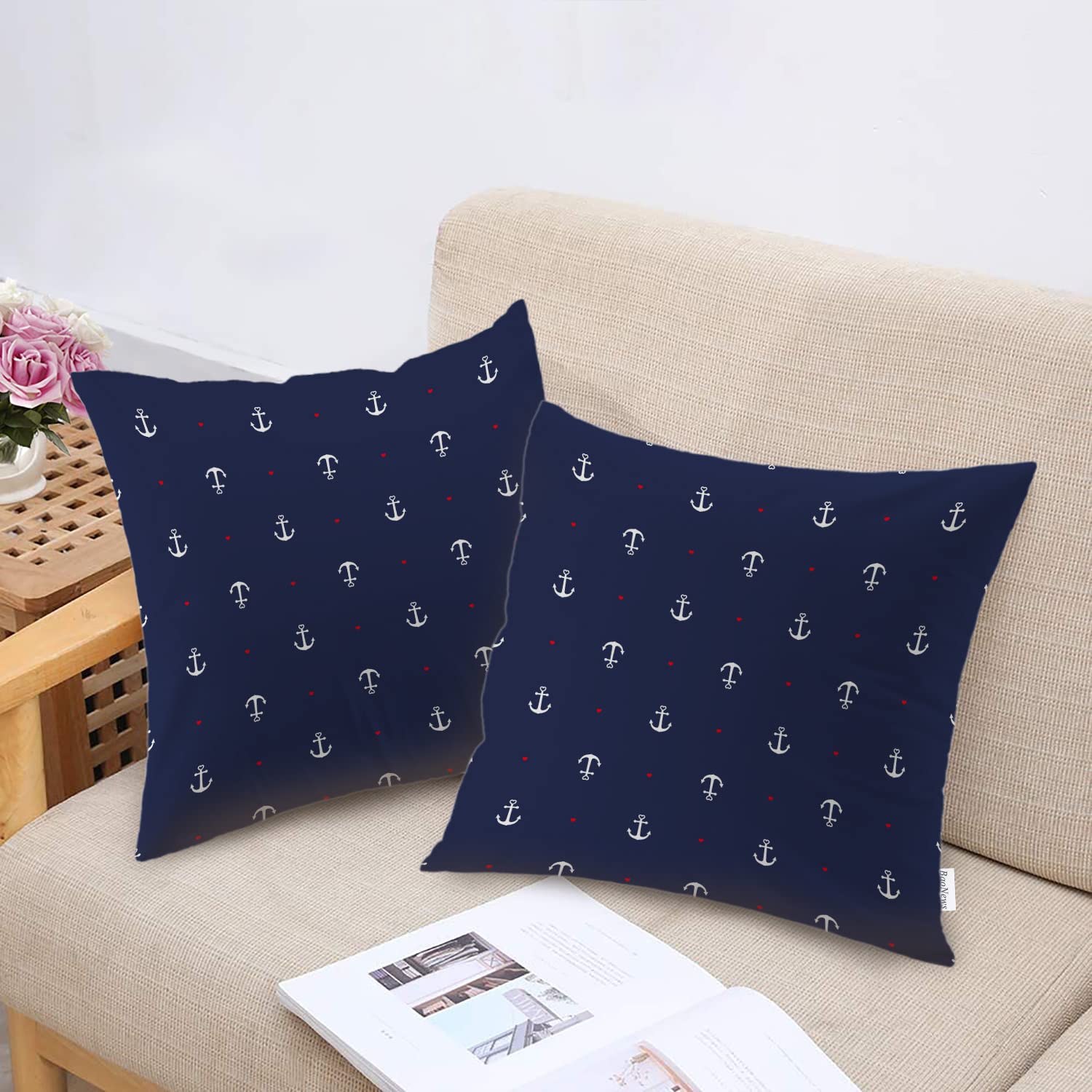 Nautical Decorative Pillow Covers 18x18 Inch - Blue and White Cotton Square Cushion Covers with Red Heart Design for Sofa, Bed, Boat, or Coastal Home Decor