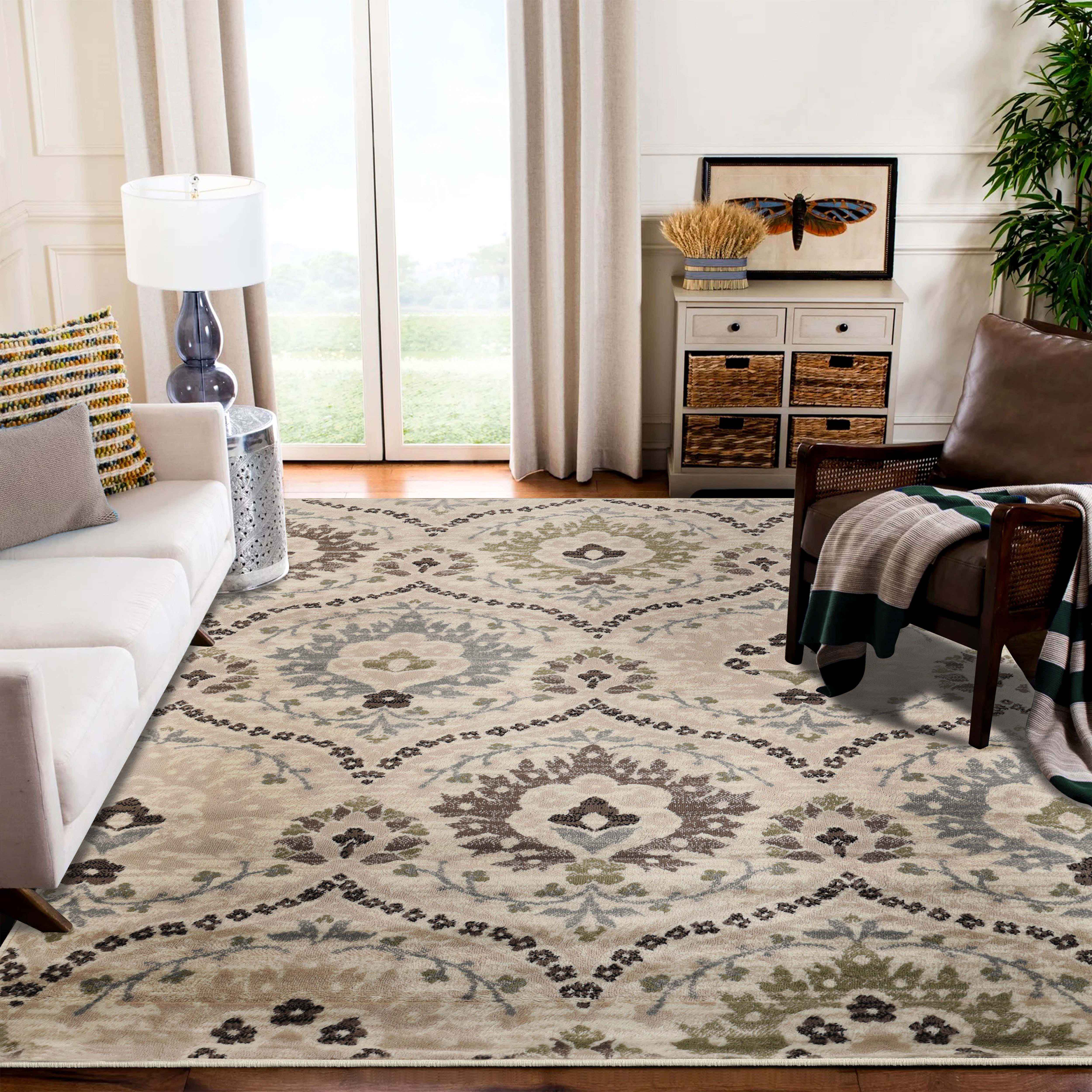 Augusta Oriental Vintage Floral Damask Indoor Area Rug - Non-Slip Living Room Carpet, Bedroom Runner Rug for Home Decor - Perfect for Boho Chic, Farmhouse & Traditional Style Interiors