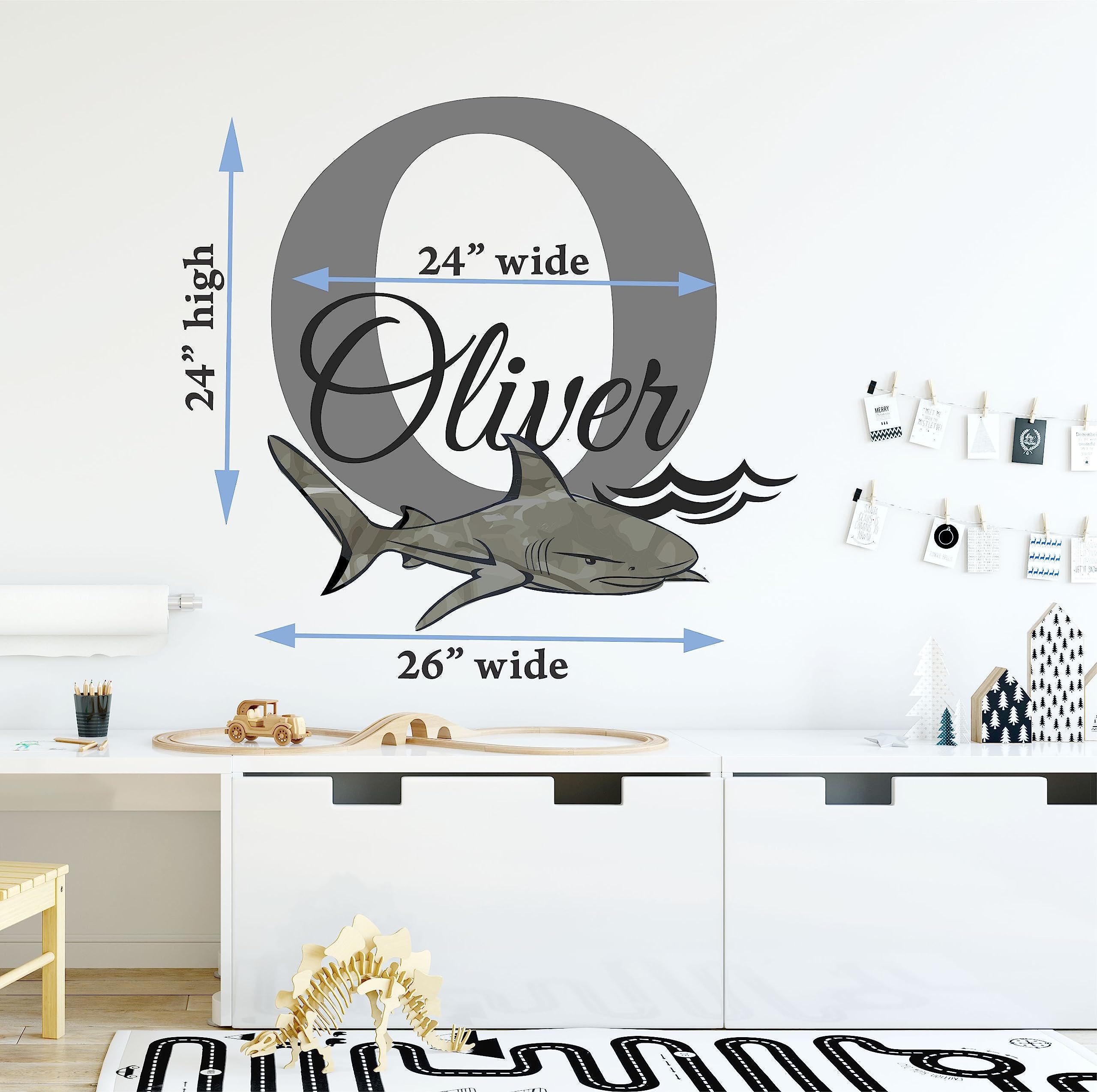 Custom Boys Nursery Baby Shark Beach Summer Theme Personalized Name & Initial Vinyl Wall Decal - Large Wall Decor Sticker for Kids Room & Playroom