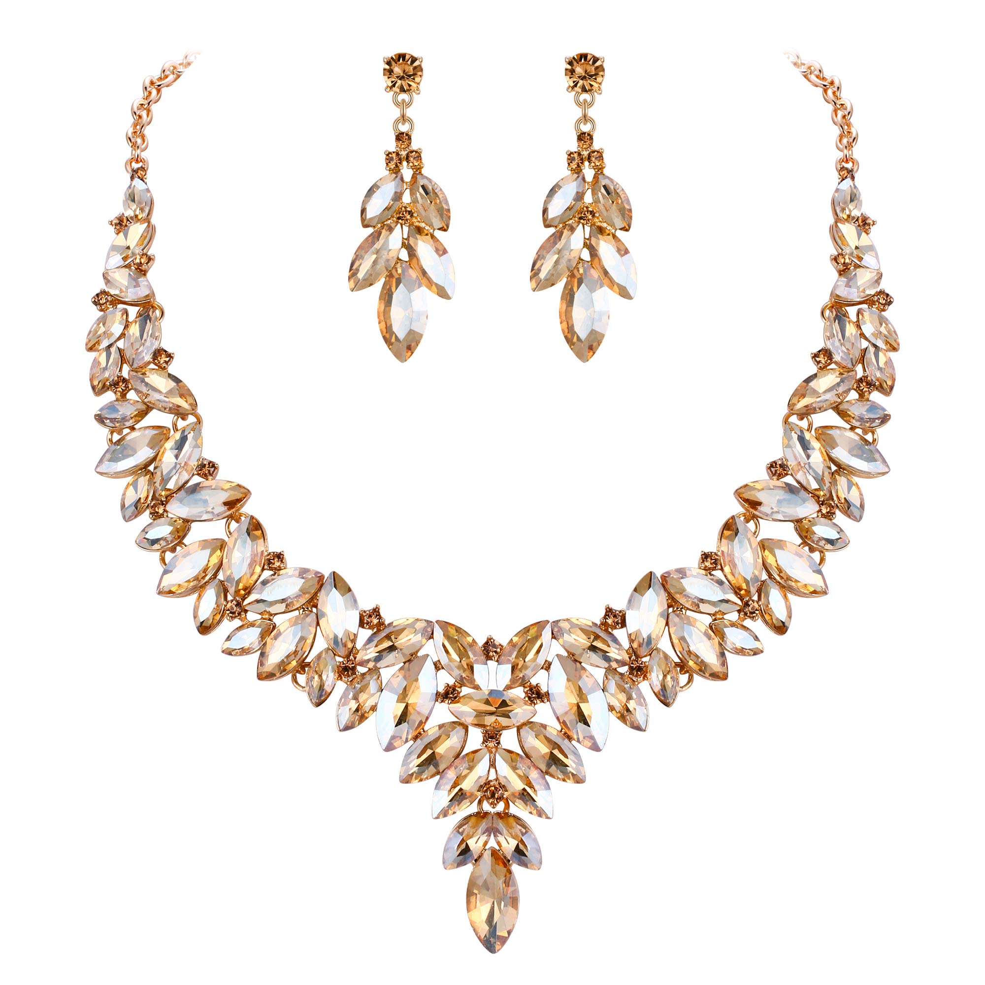 Flyonce Women's Crystal Floral Leaf Vine Necklace & Earrings Set - Elegant Bridal Jewelry for Wedding, Party, Prom & Evening Events