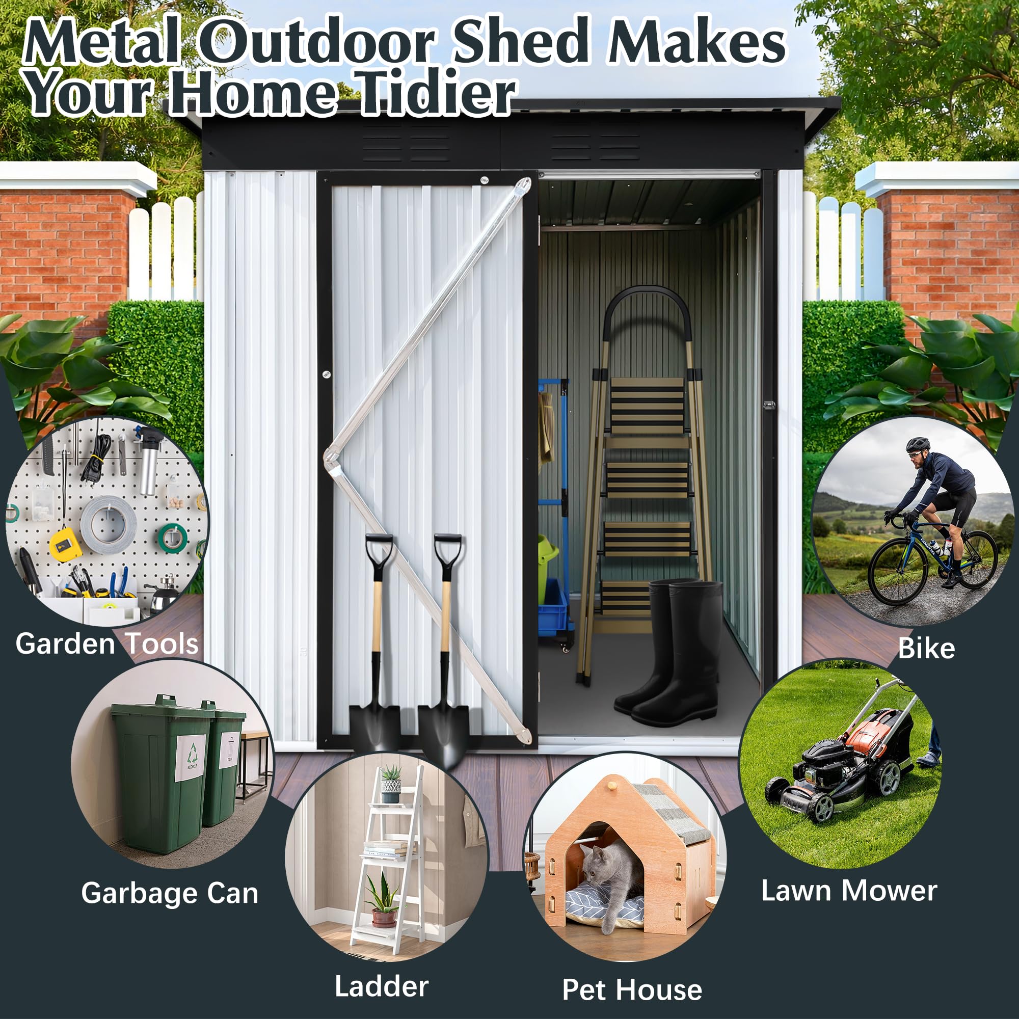 5 x 3 FT Outdoor Metal Storage Shed with Lockable Double Doors - Waterproof Galvanized Steel Garden Shed for Backyard, Patio, Lawn & Outdoor Use - Perfect for Storing Tools, Equipment & Seasonal Items (White)