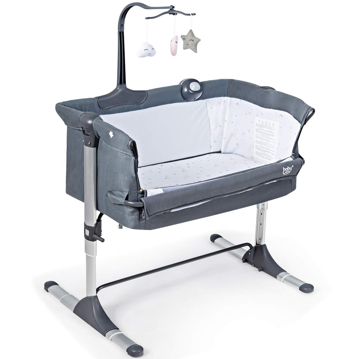 HONEY JOY Portable Foldable Baby Bedside Crib with Toy Arch, Music & Breathable Mesh - Adjustable Height Co-Sleeping Bassinet with Thick Mattress for Newborns & Infants (Dark Gray) | Perfect for Nursery, Bedroom & Travel Use