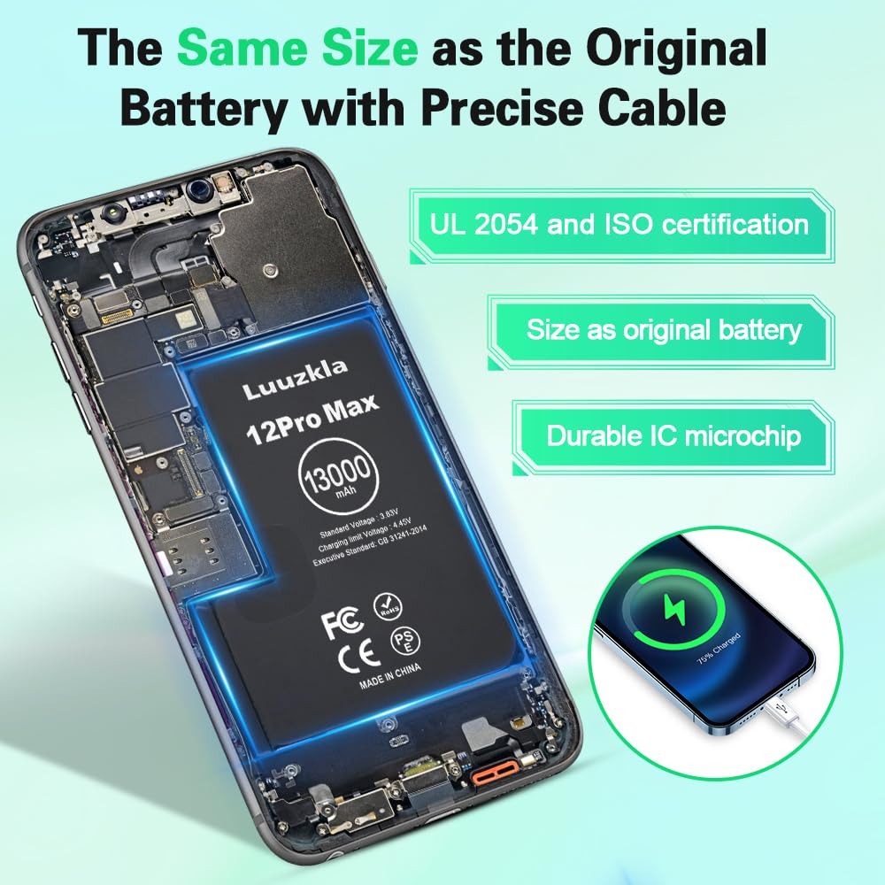 2024 Upgraded 13000mAh High-Capacity Replacement Battery for iPhone 12 Pro Max | 0 Cycle Count | Includes Full Tool Kit & 24-Month Warranty | Perfect for Travel, Outdoor Adventures & Heavy Usage