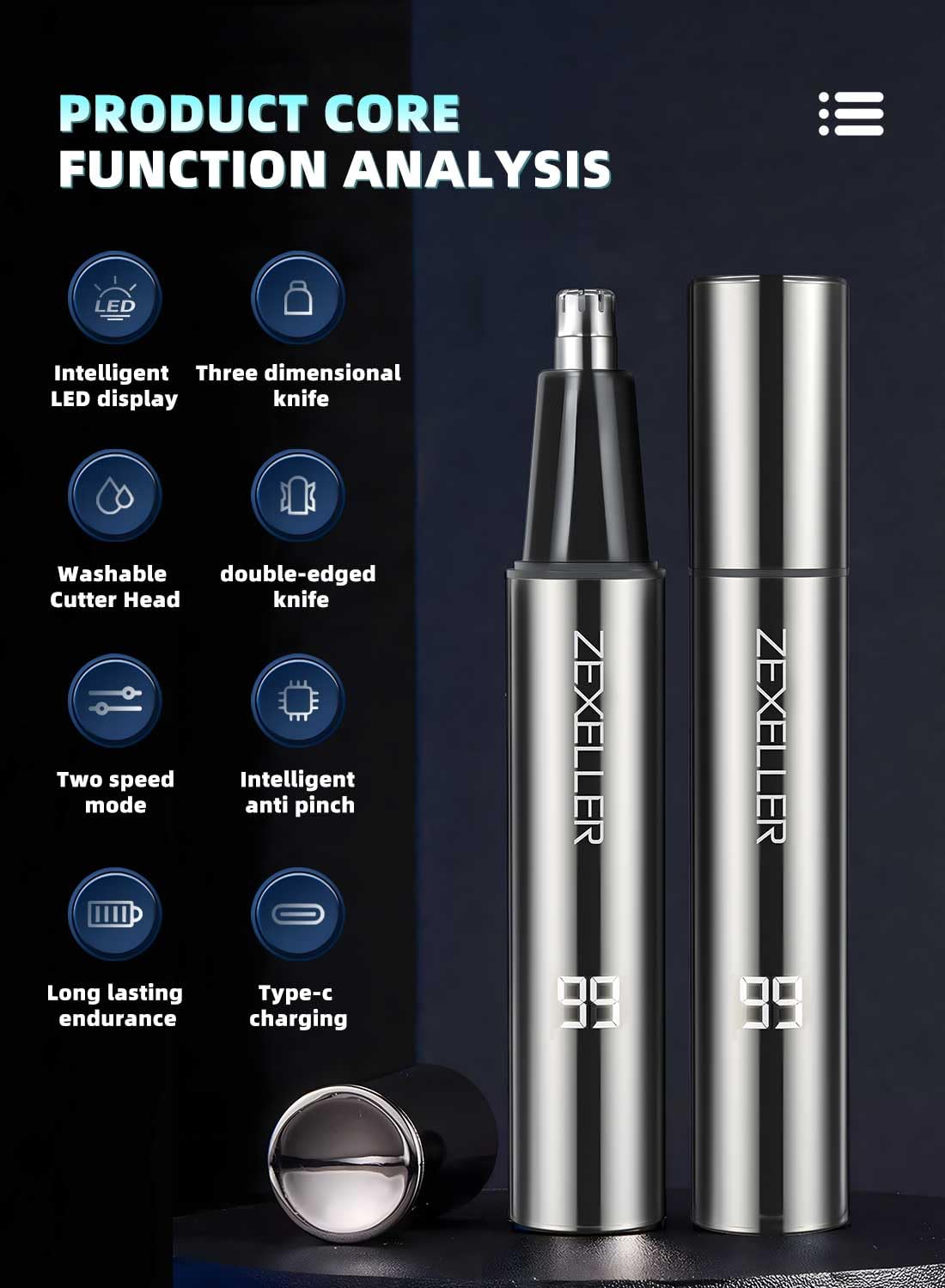 USB Rechargeable Nose & Ear Hair Trimmer for Men & Women - IPX7 Waterproof, Dual Edge Blades, 2-Speed Settings with LED Display | Painless Grooming for Home, Travel & Gym Use