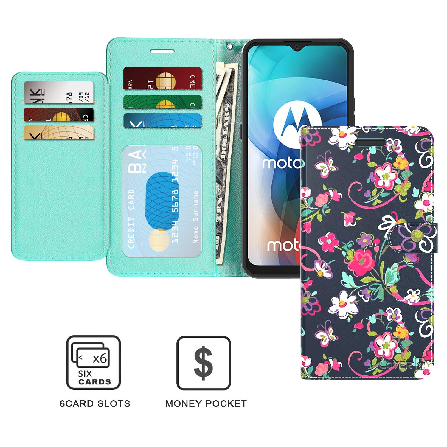 Premium Leather RFID Blocking Wallet Case for Motorola Moto E7 - Floral Design Flip Folio with Card Slots & Stand Feature | Perfect for Daily Use, Travel & Business Meetings