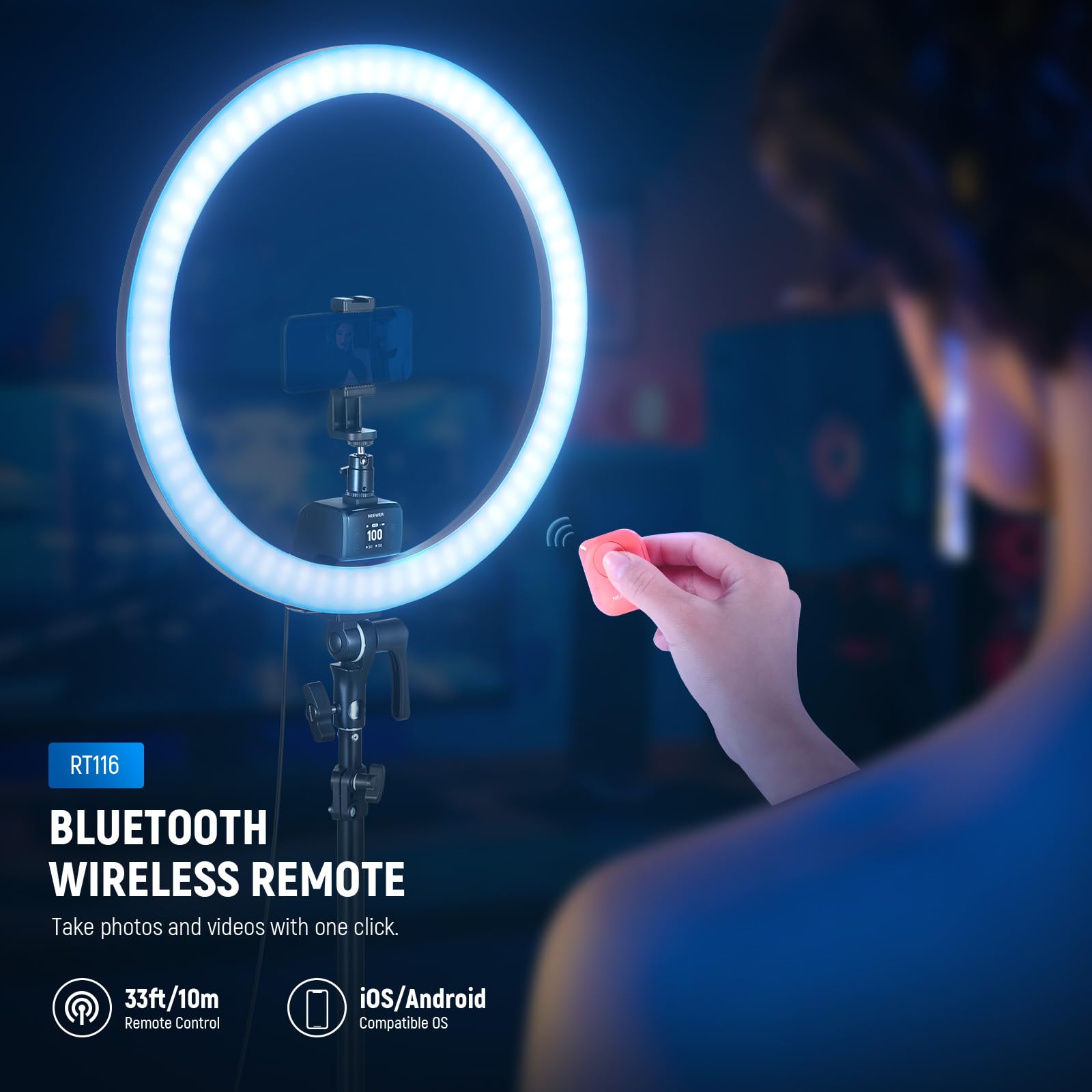 NEEWER SRP18C Ultra Slim RGB LED Ring Light Kit with App Control, Reversible Stand, Phone Holder & Ball Head - 2500K-10000K, CRI 95+/TLCI 97, 3700lux/0.5m - 18 Lighting Effects for TikTok Videos, Makeup, Gaming & YouTube Content Creation