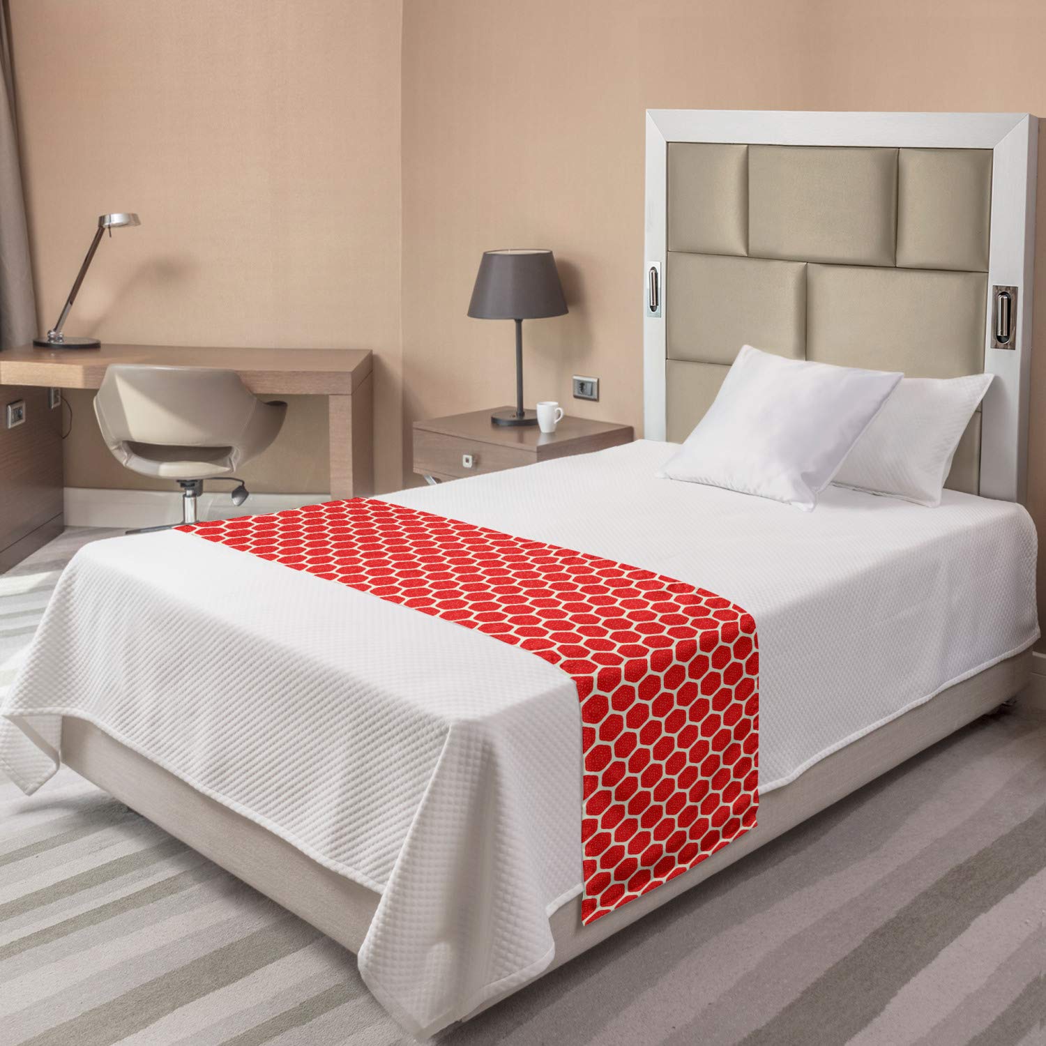 Ambesonne Abstract Bed Runner - Dotted Hexagon Strawberry Geometric Print, Decorative Accent Bed Scarf for Hotels, Homes & Guest Rooms in Mint Green & Coral | Perfect for Bedroom Decor, Wedding Accents & Luxury Hotel Styling