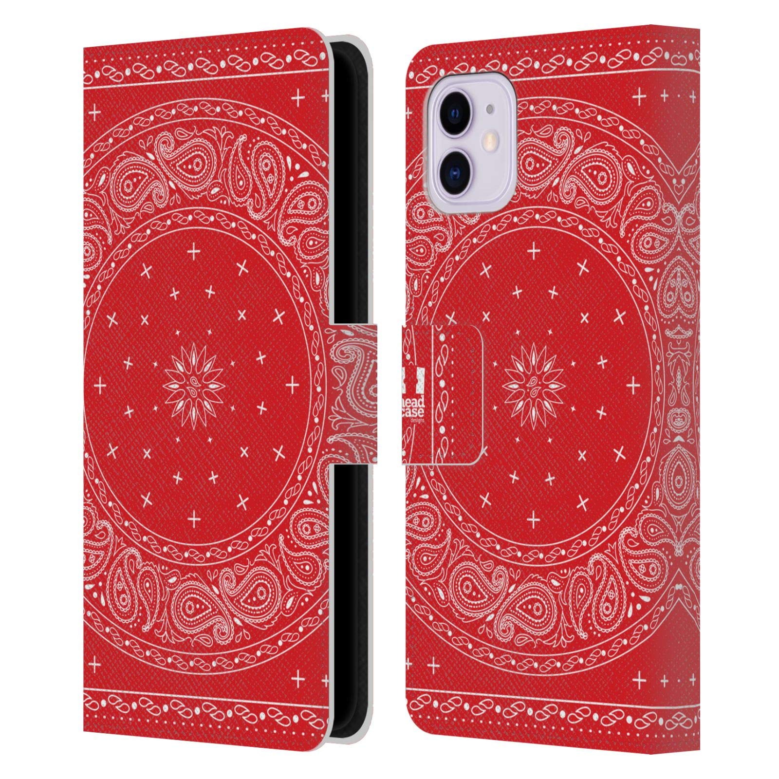 Head Case Designs Round Red Classic Paisley Bandana Leather Book Wallet Case Cover for Apple iPhone 11 - Stylish Protection for Everyday Use, Travel & Work