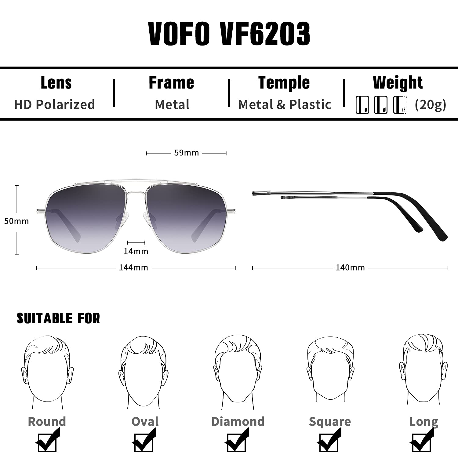 Polarized Aviator Sunglasses for Men & Women - UV Protection, Large Square Frame, Military Style (VF6203) - Perfect for Driving, Outdoor Sports & Fashion Accessories