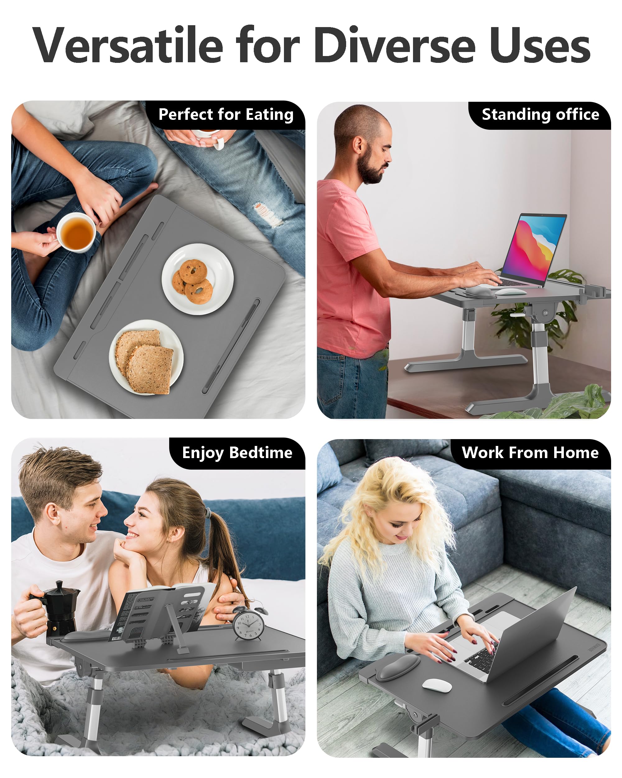 Adjustable Laptop Desk for Bed - Large Portable Workstation with Book Stand, Drawer, Wrist Cushion & Phone Holder - Perfect for Working, Studying, Writing & Dining in Bed or Sofa - Gray Ergonomic Laptop Table