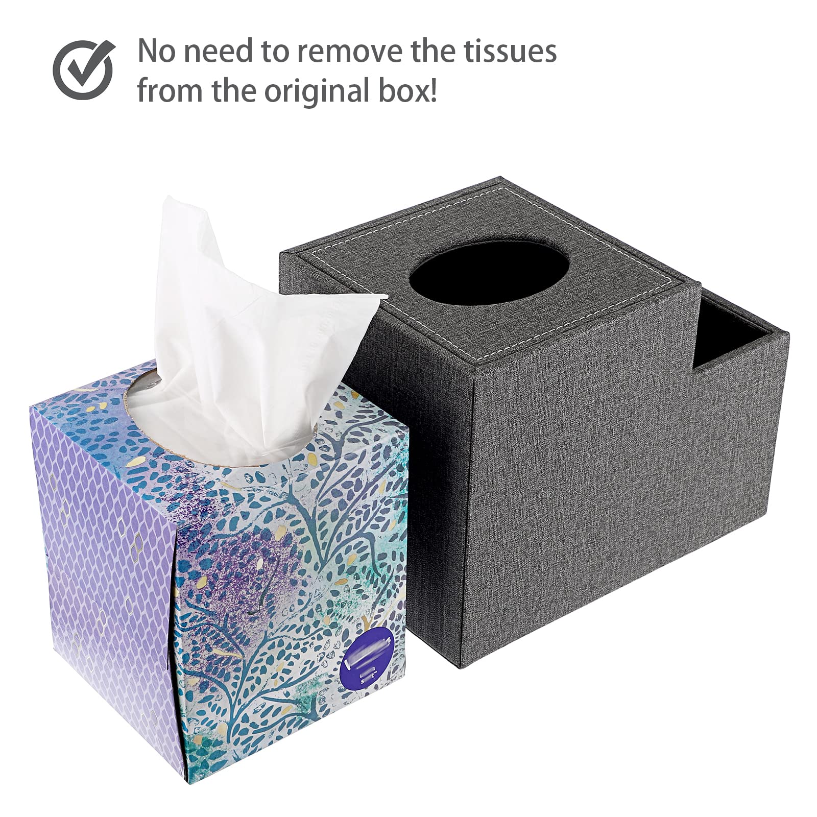Sumnacon Square Linen Tissue Box Cover - Stylish Cube Tissue Box Holder with Side Organizer | Decorative Grey Tissue Box for Living Room, Vanity, Nightstand, Office | Perfect for Home Decor & Organization