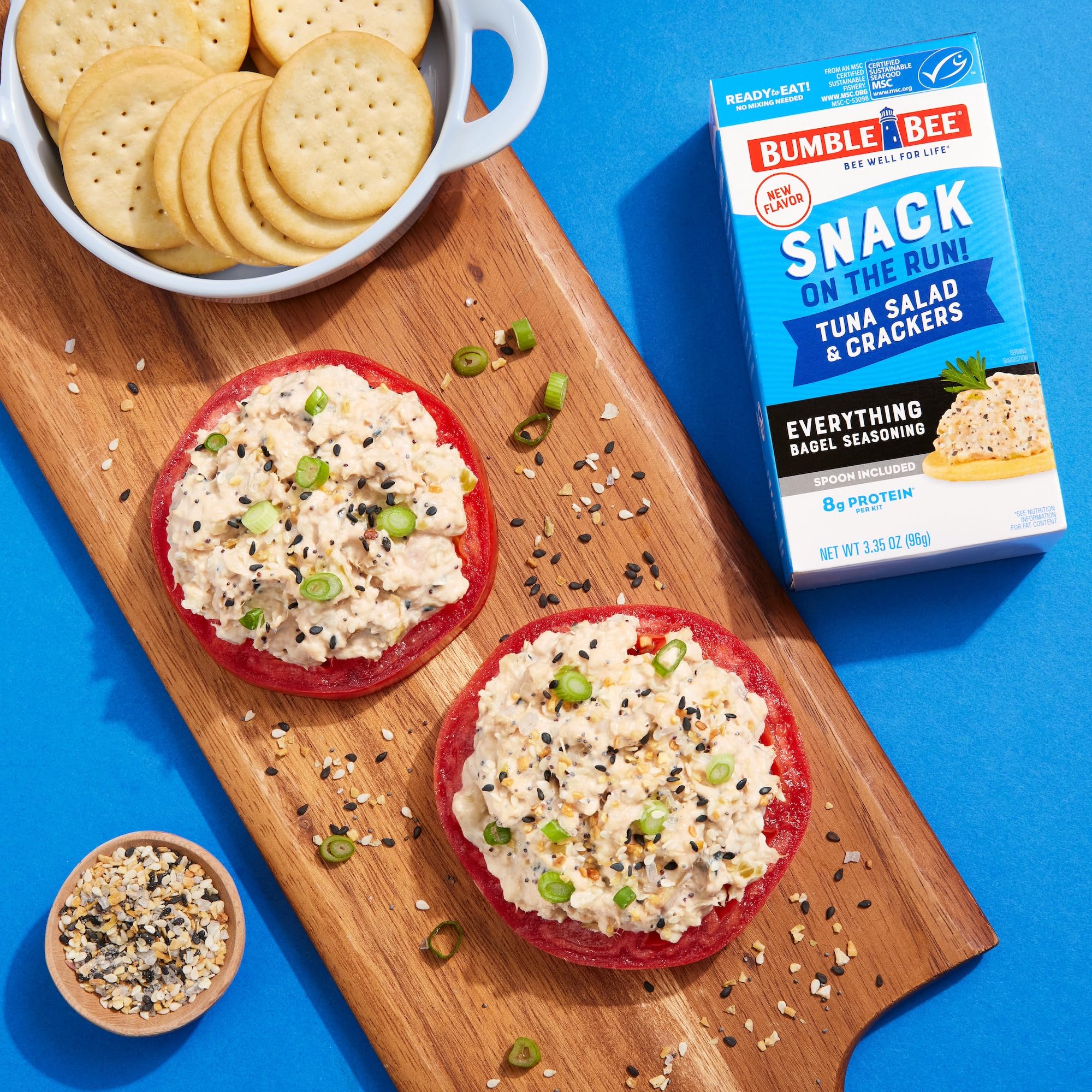 Bumble Bee Everything Bagel Seasoning Tuna Salad Kit with Crackers, 3.35 oz (Pack of 12) - Wild Caught, Ready to Eat Protein Snack - Shelf Stable, Includes Spoon - Perfect for Office Lunch, Road Trips & Outdoor Adventures