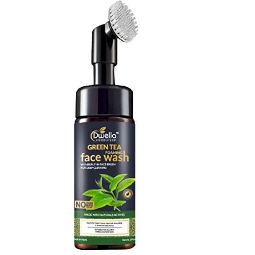 Dwella Herbotech Green Tea Foaming Face Wash with Built-in Brush - 150ml (1000g) | Deep Cleansing for Acne & Blackheads | Perfect for Daily Skincare Routine