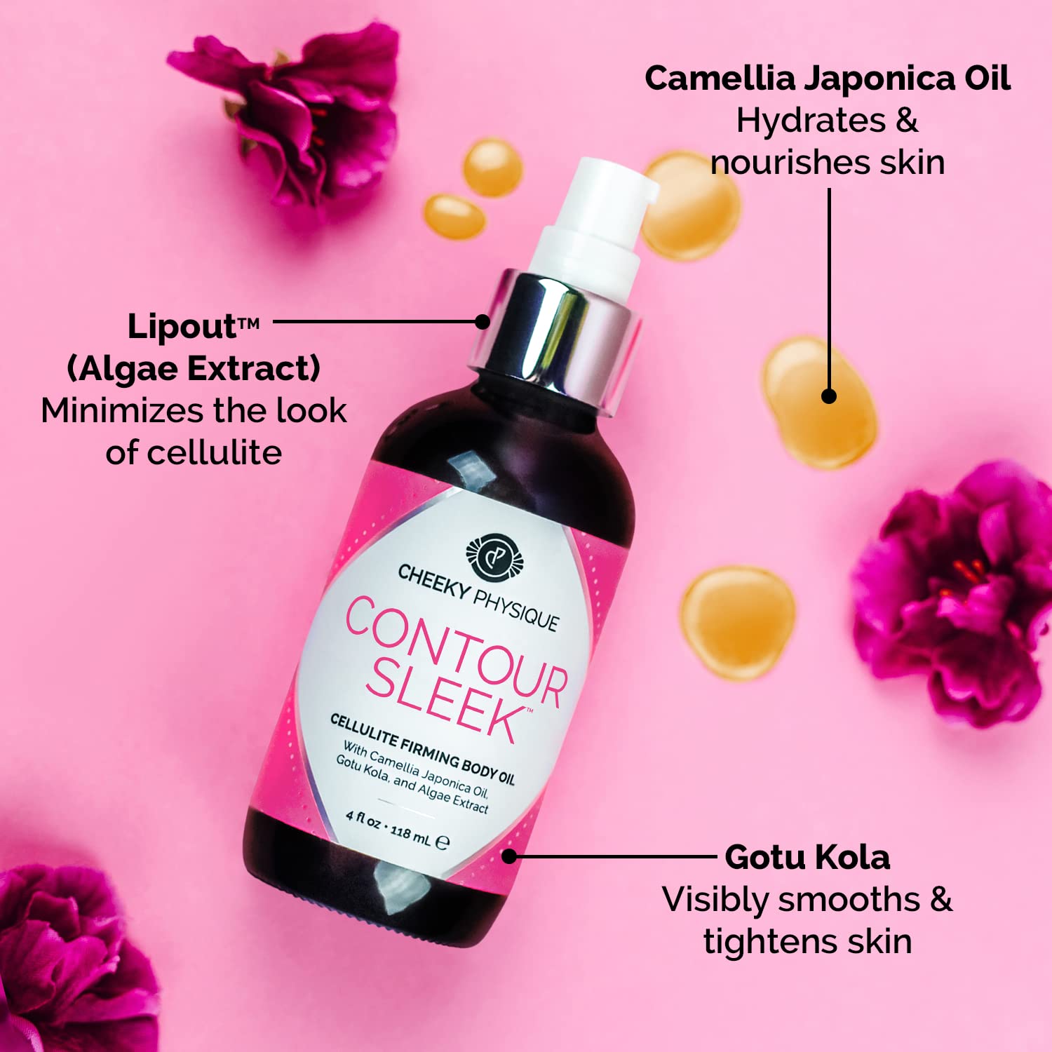 Contour Sleek Camellia Firming Body Oil - Anti-Cellulite Massage Oil with Camellia Japonica, Gotu Kola & Algae Extract - 4oz - Skin Tightening & Hydration for Legs, Thighs & Arms - Perfect for Post-Workout Recovery & Spa Nights