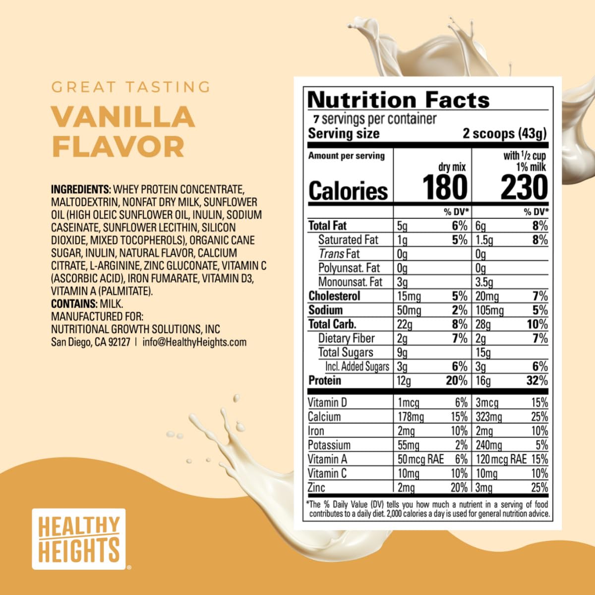 Healthy Heights Grow Daily Kids Protein Drink Mix (Vanilla) - High Protein Shake for Children Ages 3+ | Supports Growth & Development | Perfect for Breakfast, School Lunches & After-School Snacks