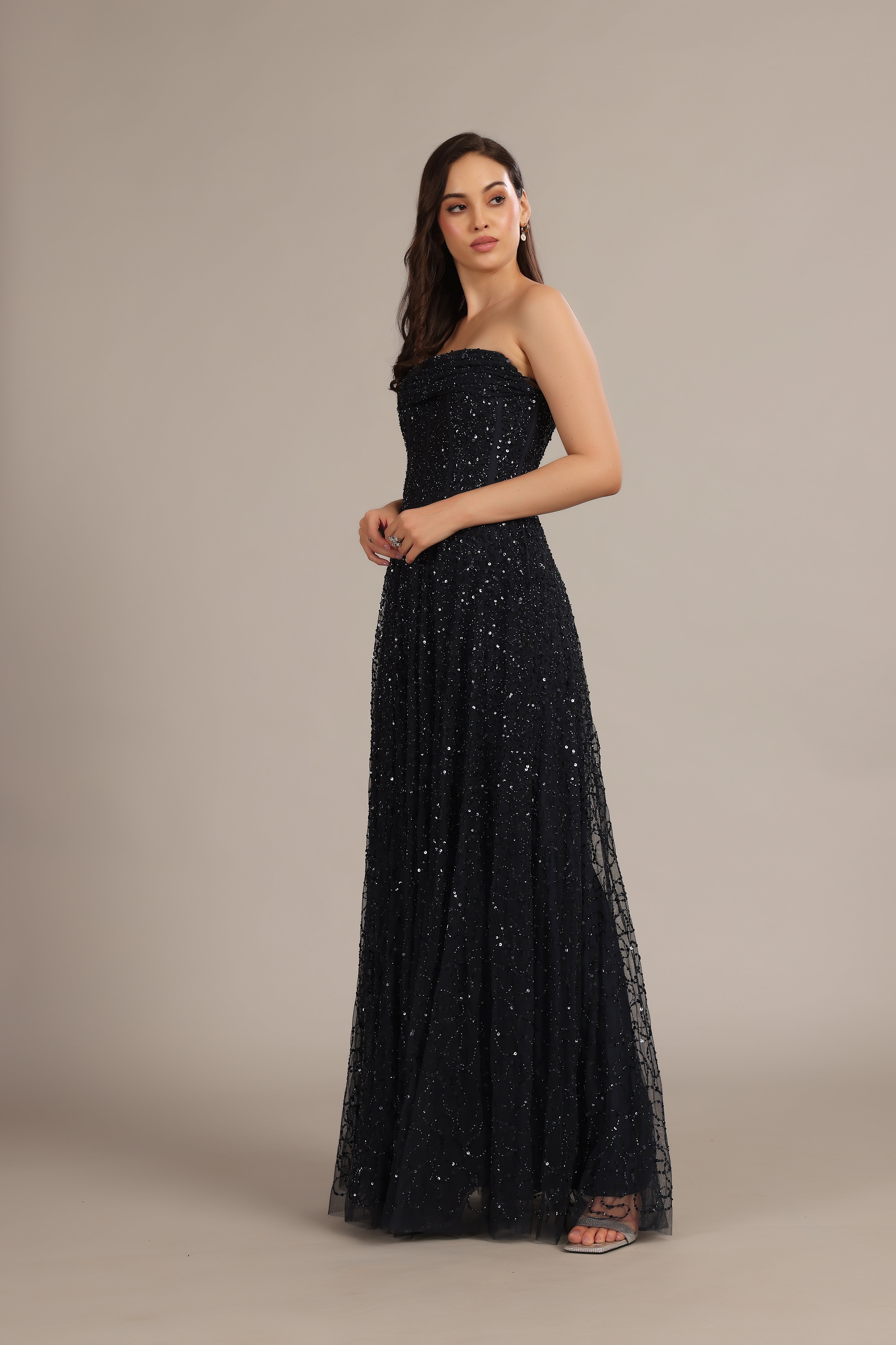 Leona Navy Blue Embellished Maxi Dress for Women - Elegant Evening Gown for Weddings, Parties & Special Occasions