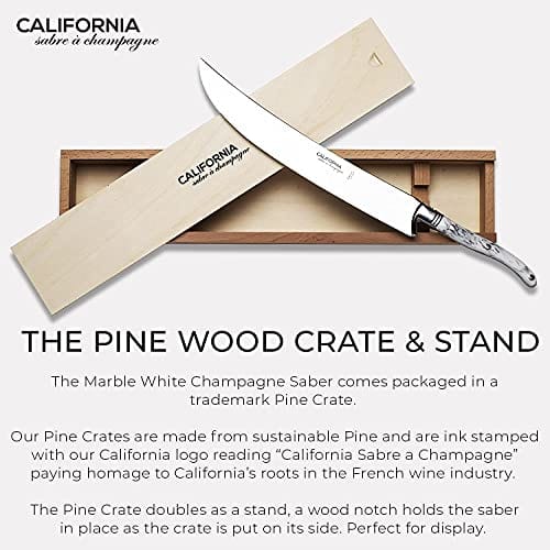 Premium California Champagne Saber - Handmade French Laguiole Style Sword with Marble White Handle | Elegant Pinewood Gift Box | Luxury Champagne Bottle Opener for Weddings, Celebrations & Special Occasions