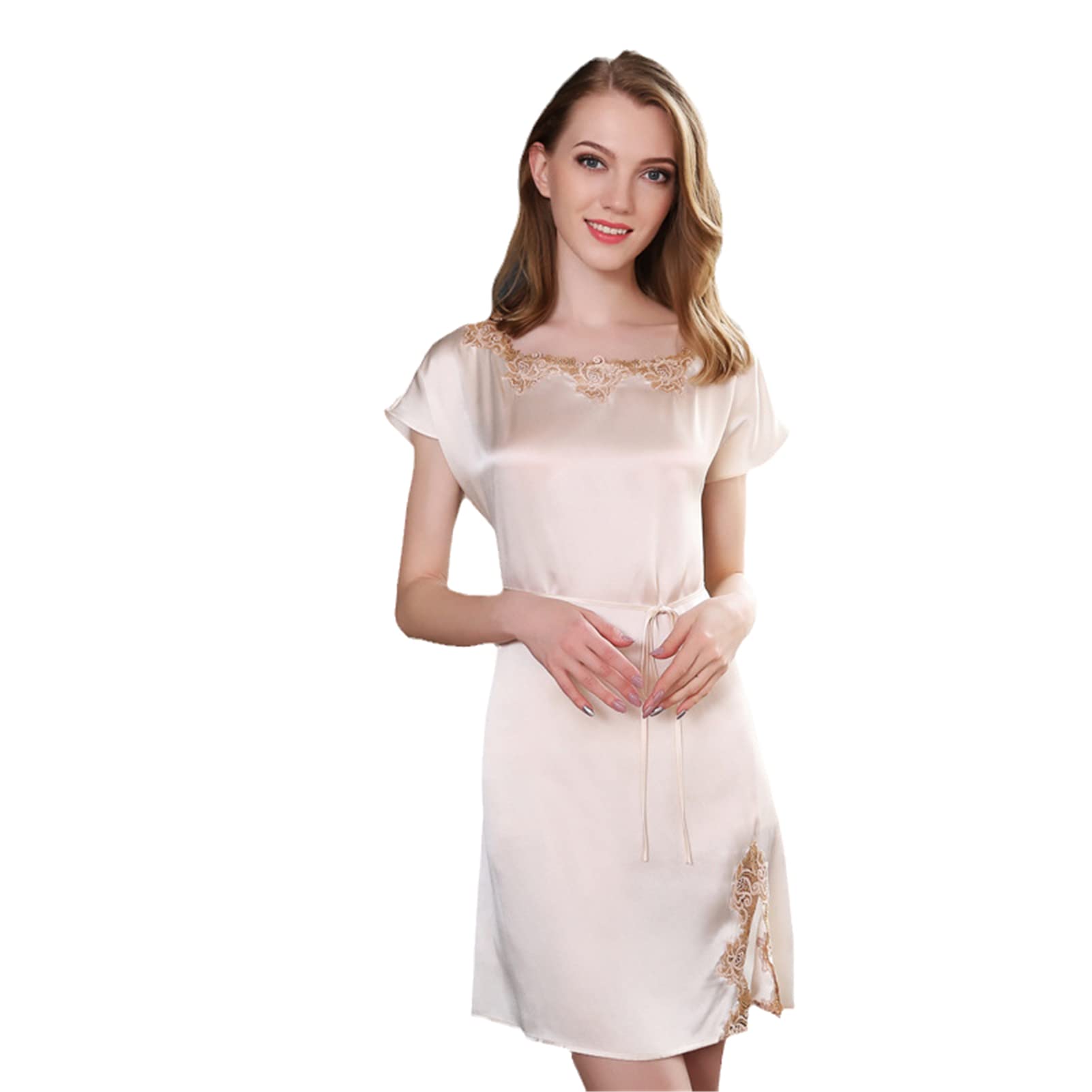 Silk Nightgown for Women - Floral Lace Summer Sleepwear with Round Neck - Comfortable Homewear & Spring Nightdress - Perfect for Relaxing at Home, Lounging, and Gift Giving