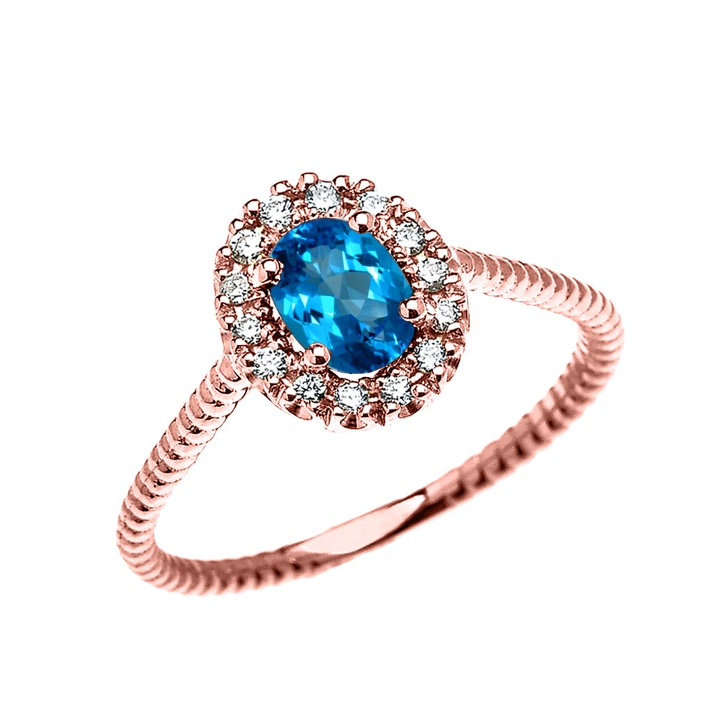 10K Rose Gold Dainty Oval Halo Diamond & Solitaire Blue Topaz Rope Design Engagement Ring, Promise Ring for Women - Perfect for Proposals, Anniversaries & Special Occasions