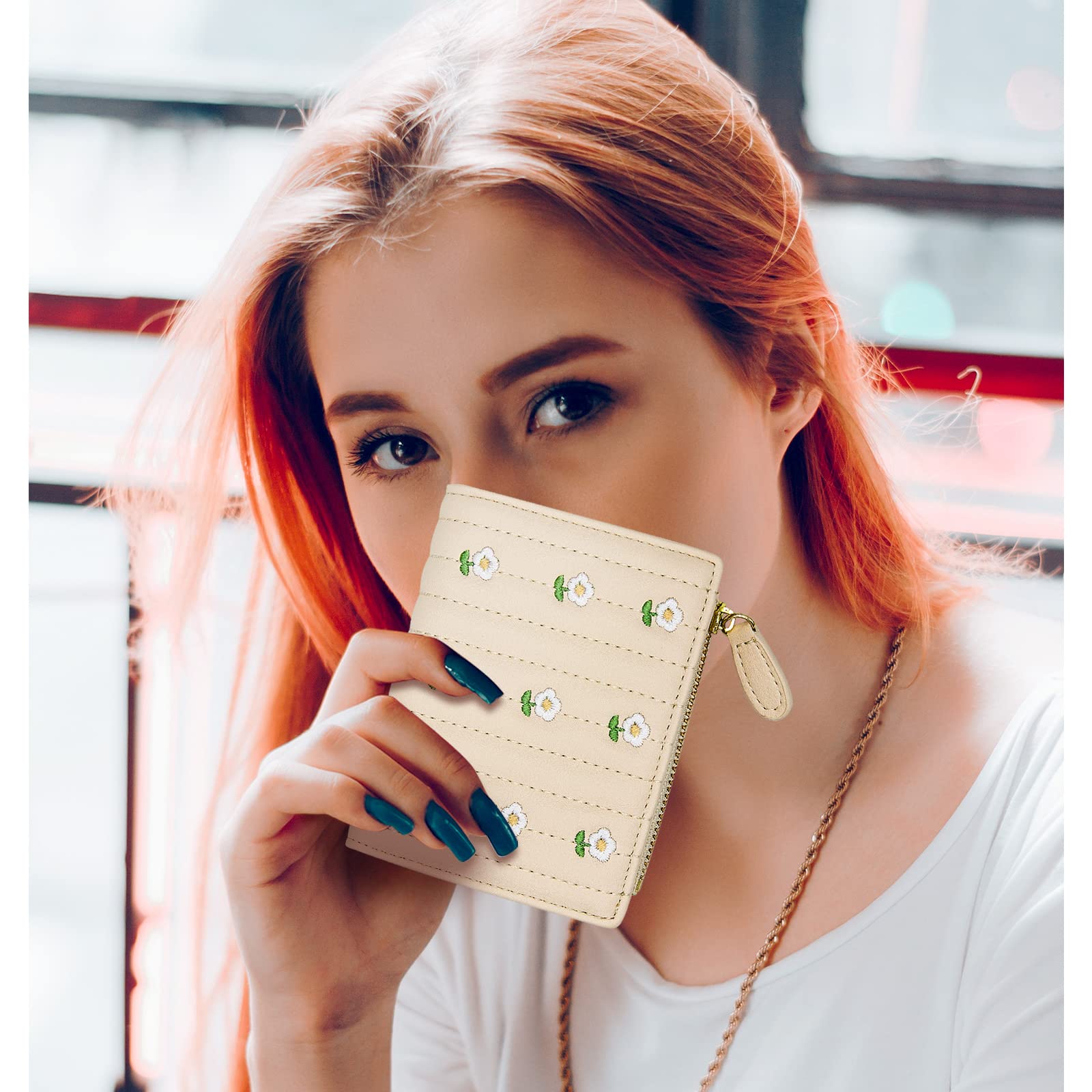 LJCZKA Small RFID Blocking PU Leather Wallet for Women - Cute Slim Card Holder with Flower Design for Girls, Coin & Cash Purse (White) | Perfect for Everyday Use, Travel & Gift Giving