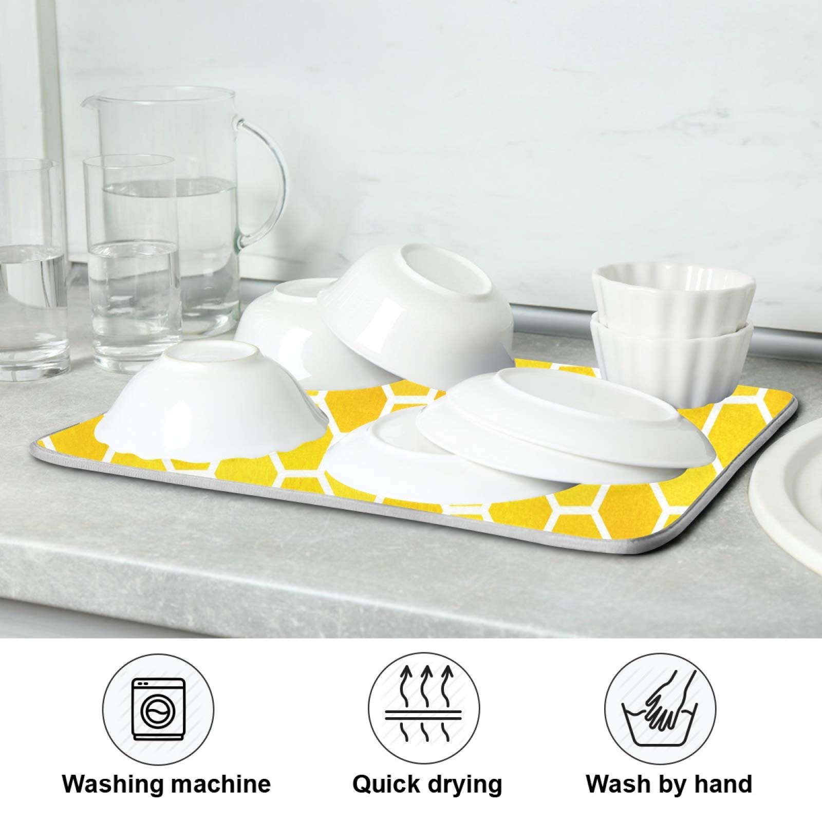 Hexagon Honeycomb Dish Drying Mat - 18x16 Inch Absorbent Microfiber Kitchen Counter Pad | Non-Slip Reversible Bottle & Dish Drainer Mat in Yellow & Orange Gradient | Perfect for Drying Dishes, Utensils & Glassware