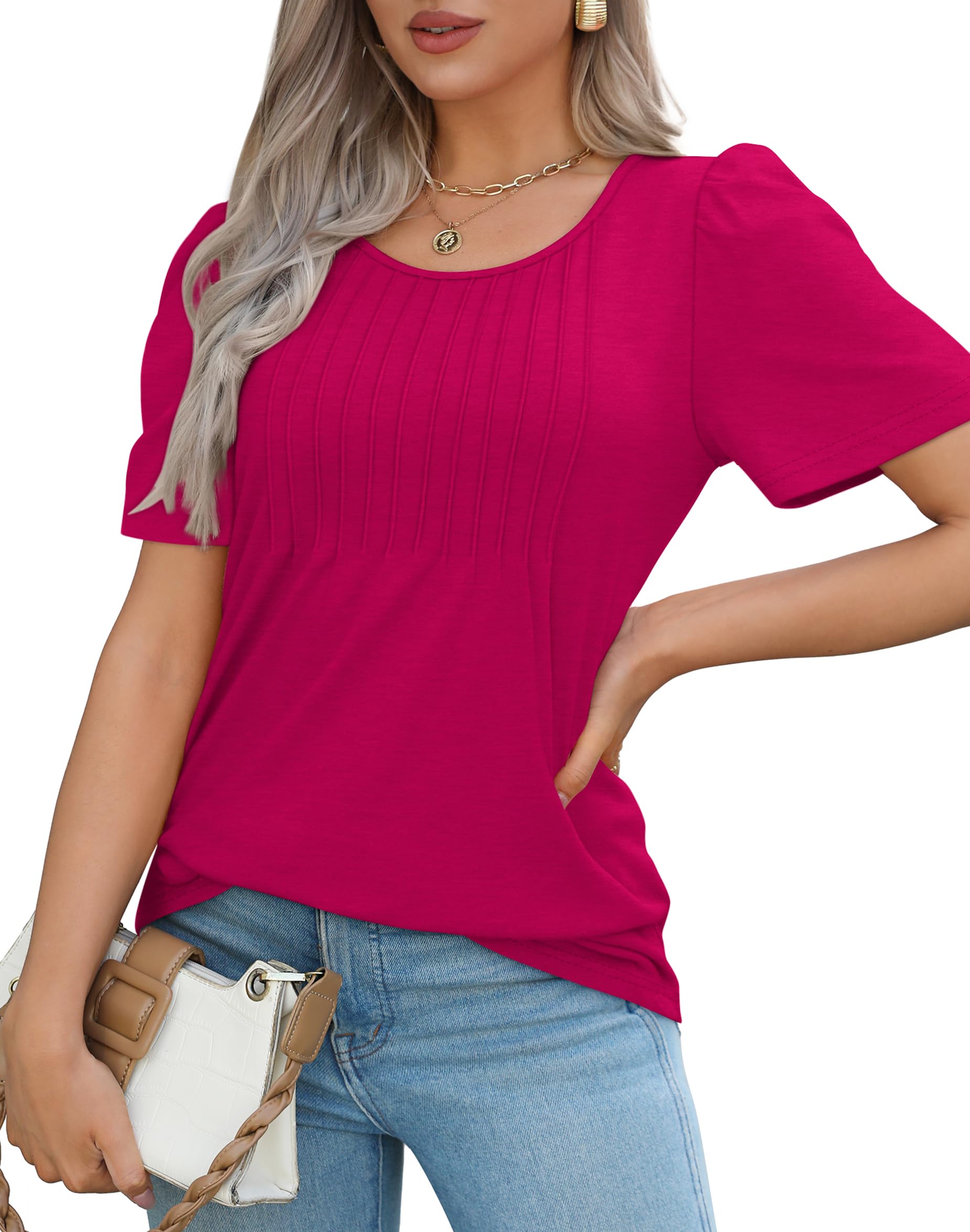 WIHOLL Women's Summer Short Sleeve Shirts - Dressy Casual Tops with Pleated Front - Perfect for Office Wear, Date Nights & Weekend Outings