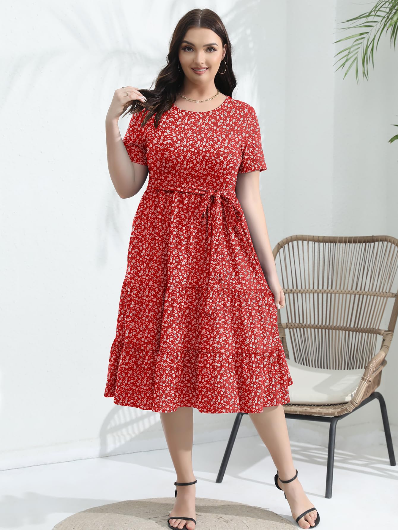Elegant Plus Size Floral Midi Dress for Women 2025 - Tiered Flowy Modest Wedding Guest Dress with Belt & Pockets | Perfect for Bridal Showers, Garden Parties & Formal Events