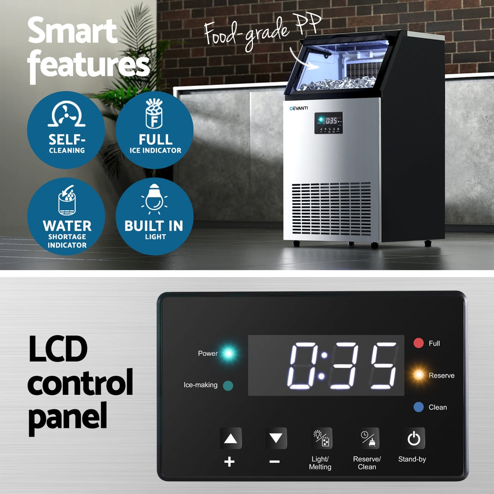 Devanti 45kg Commercial Ice Maker Machine - Heavy Duty Countertop Ice Cube Maker for Restaurants, Bars, Cafes, and Catering Businesses