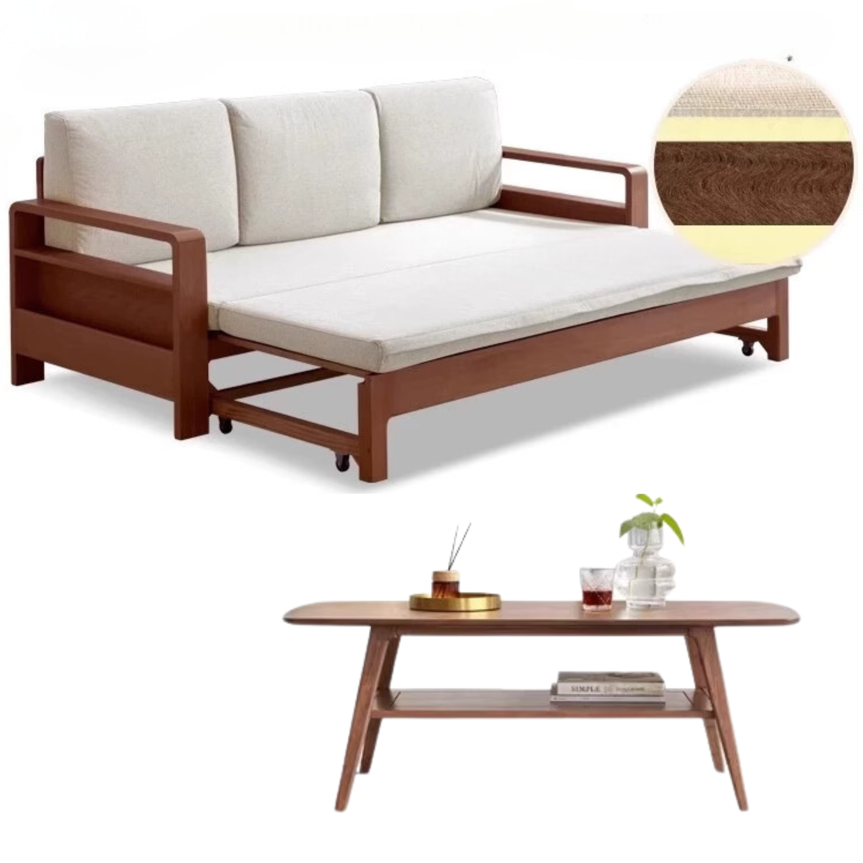 83.5x31.1-55.7x26.8 inch / 212x79-141.5x68сm / Oak walnut - off-white coconut palm cushion + 1.2 meter coffee table