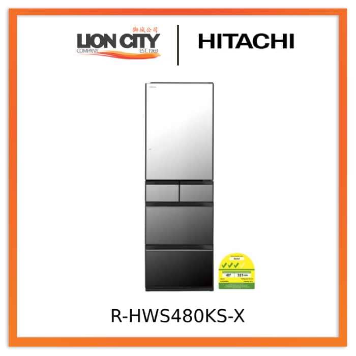 Hitachi R-HWS480KS X Crystal Mirror French Door Refrigerator - 500L Capacity, Energy Efficient, Stainless Steel Finish - Perfect for Modern Kitchens & Large Family Homes