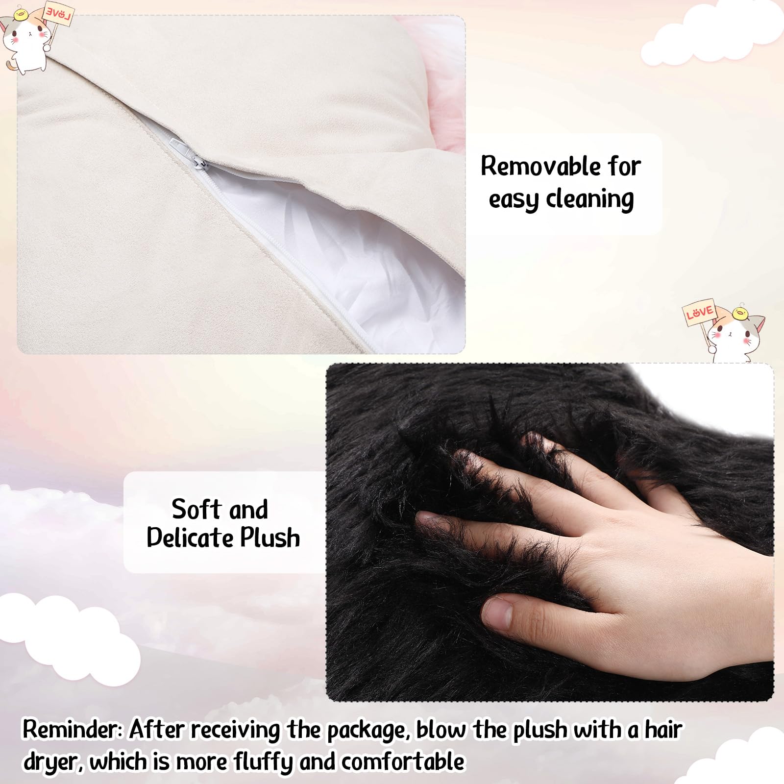 Enhon 2 Pack Fluffy Heart Shaped Pillows - 20x15.7 Inch Soft Faux Fur Throw Pillows with Insert for Valentine's Day, Wedding Decor, Bedroom, Living Room, Sofa & Office - Decorative Love Cushions (Black)