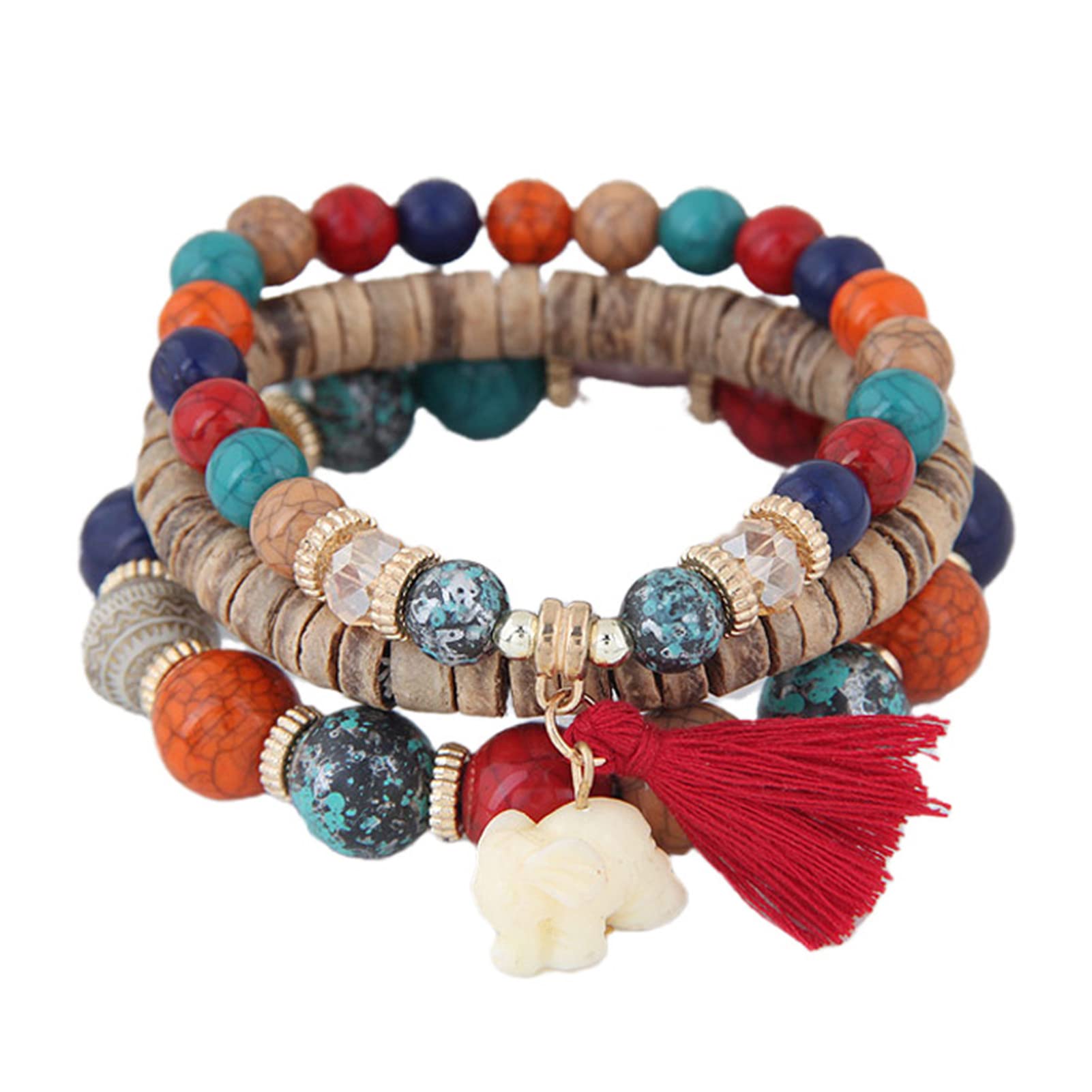 Adjustable Women's Bracelet Set - 3Pcs Elastic Rope Multilayer Resin Bohemian Elephant Tassel Beaded Bracelets for Women & Girls | Perfect Jewelry Gift for Birthday, Party & Everyday Wear