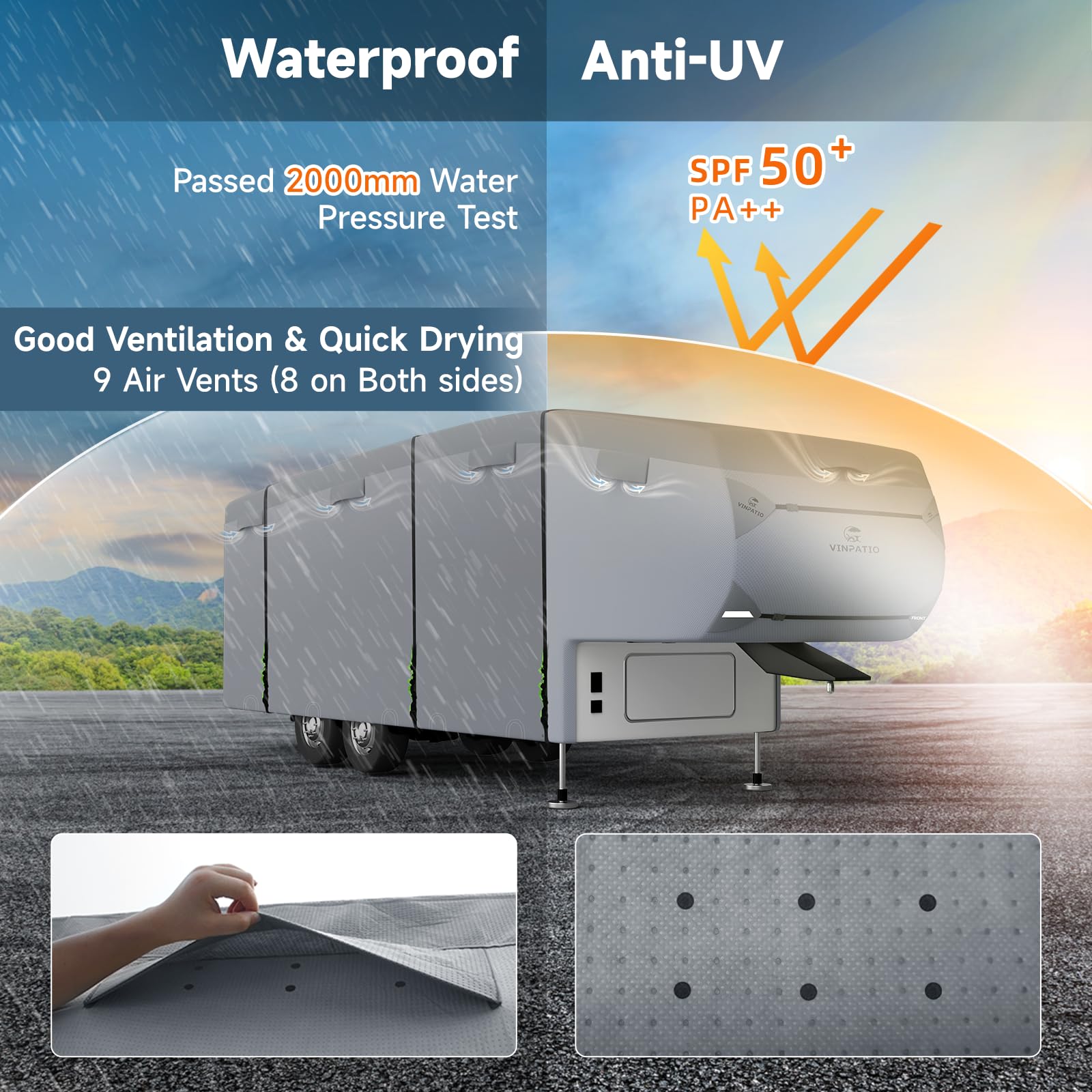Heavy Duty 5th Wheel RV Cover - Extra-Thick 7-Layer Waterproof Windproof Protection for 34'-37' Trailers | UV-Resistant Ripstop Fabric with Gutter Cover & 2 Bonus Straps | Perfect for Winter Storage, Outdoor Parking & Long-Term RV Protection