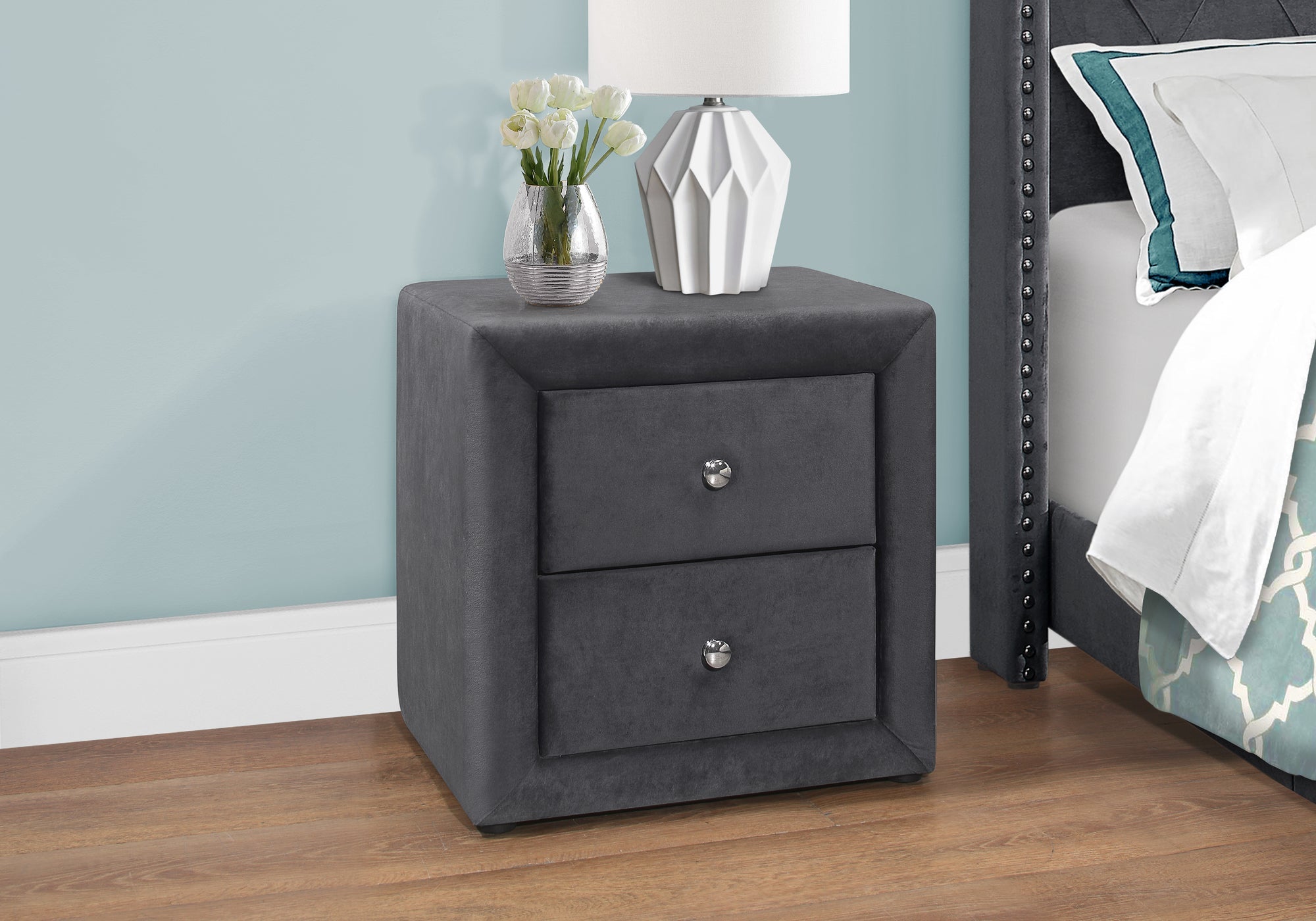 21H Dark Grey Velvet Nightstand - Modern Bedroom Side Table with Drawer for Storage | Perfect for Small Spaces, Apartment Living & Guest Room Decor