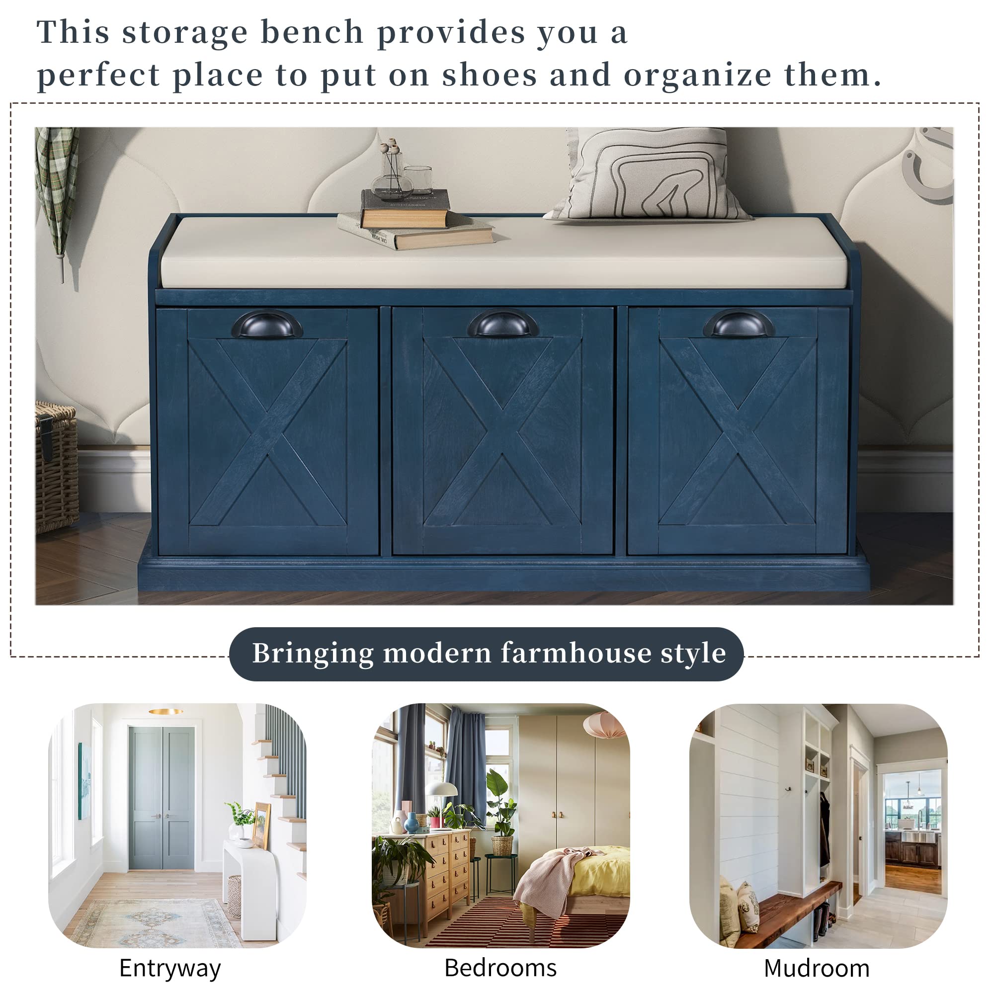 Rustic Solid Wood Storage Bench with 3 Drawers & Velvet Removable Cushion - Entryway Shoe Bench for Hallway, Living Room (Espresso) | Perfect for Small Space Organization & Home Decor