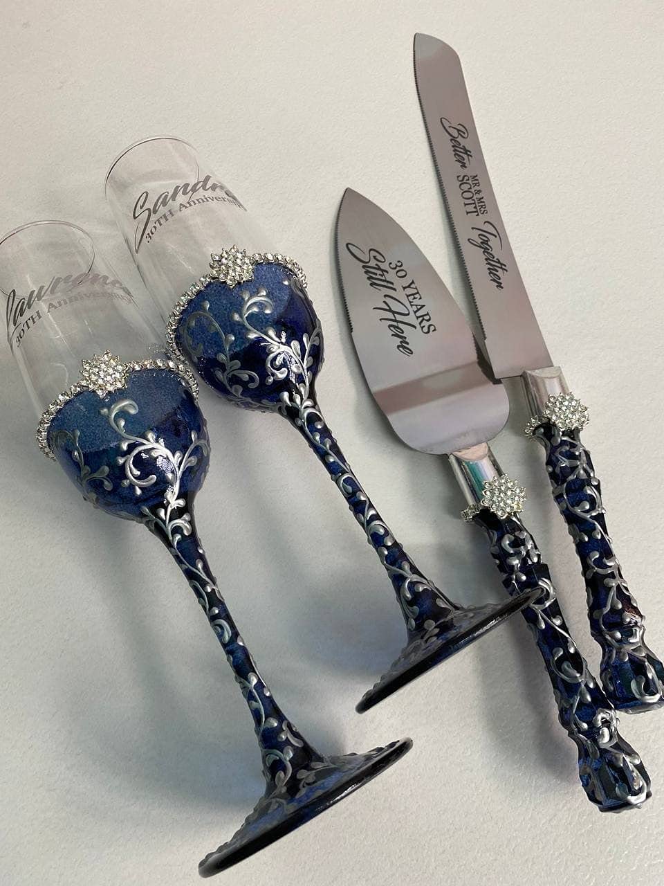 Navy Blue and Silver Wedding Toasting Flutes Set with Cake Server - Elegant Champagne Glasses for Wedding Toast, Anniversary, Bridal Shower & Special Celebrations