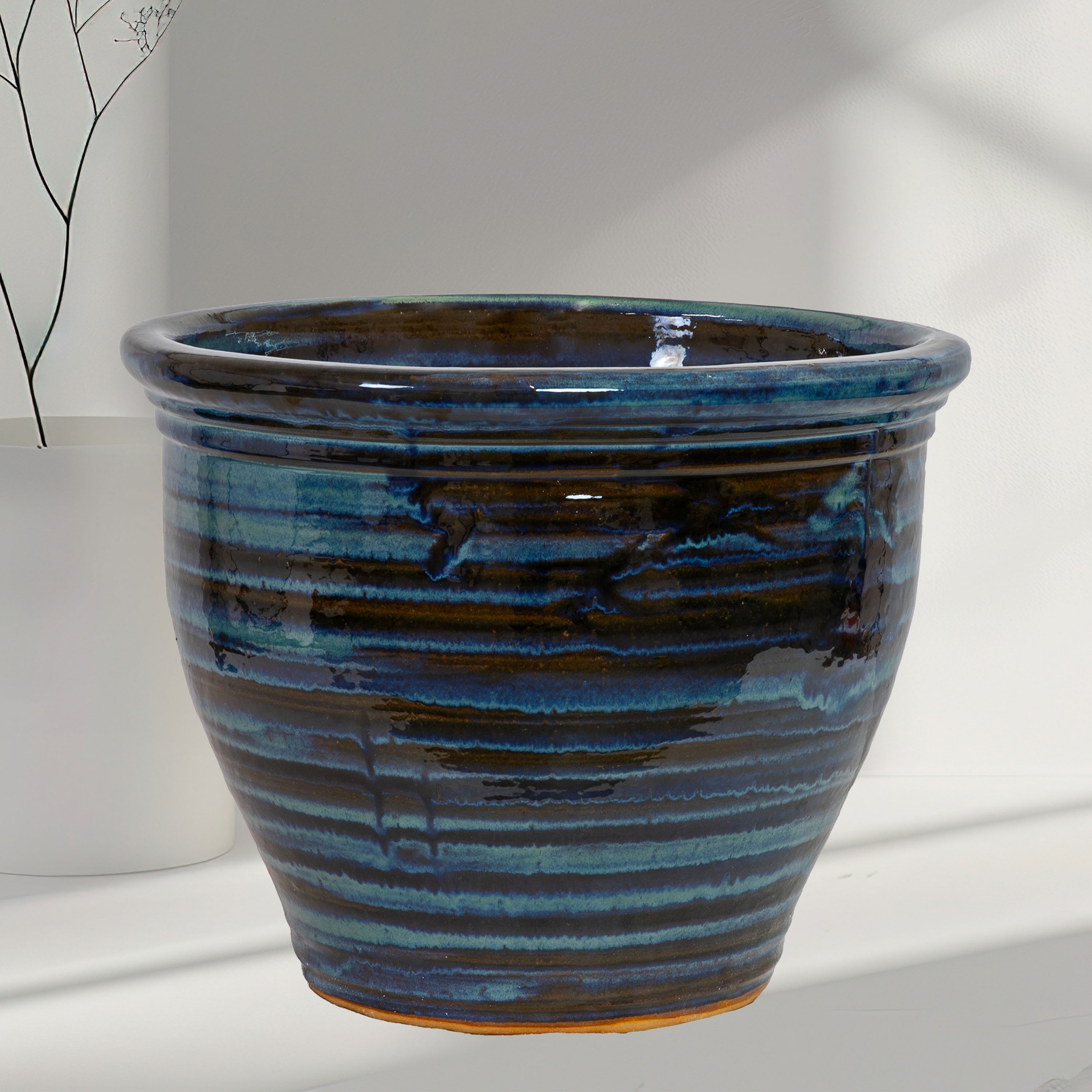Sunnydaze Studio Round Glazed Ceramic Planter with Drainage Hole - Indoor Outdoor Flower Pot for Plants, Succulents, Herbs - Perfect for Patio, Garden, Balcony Decor