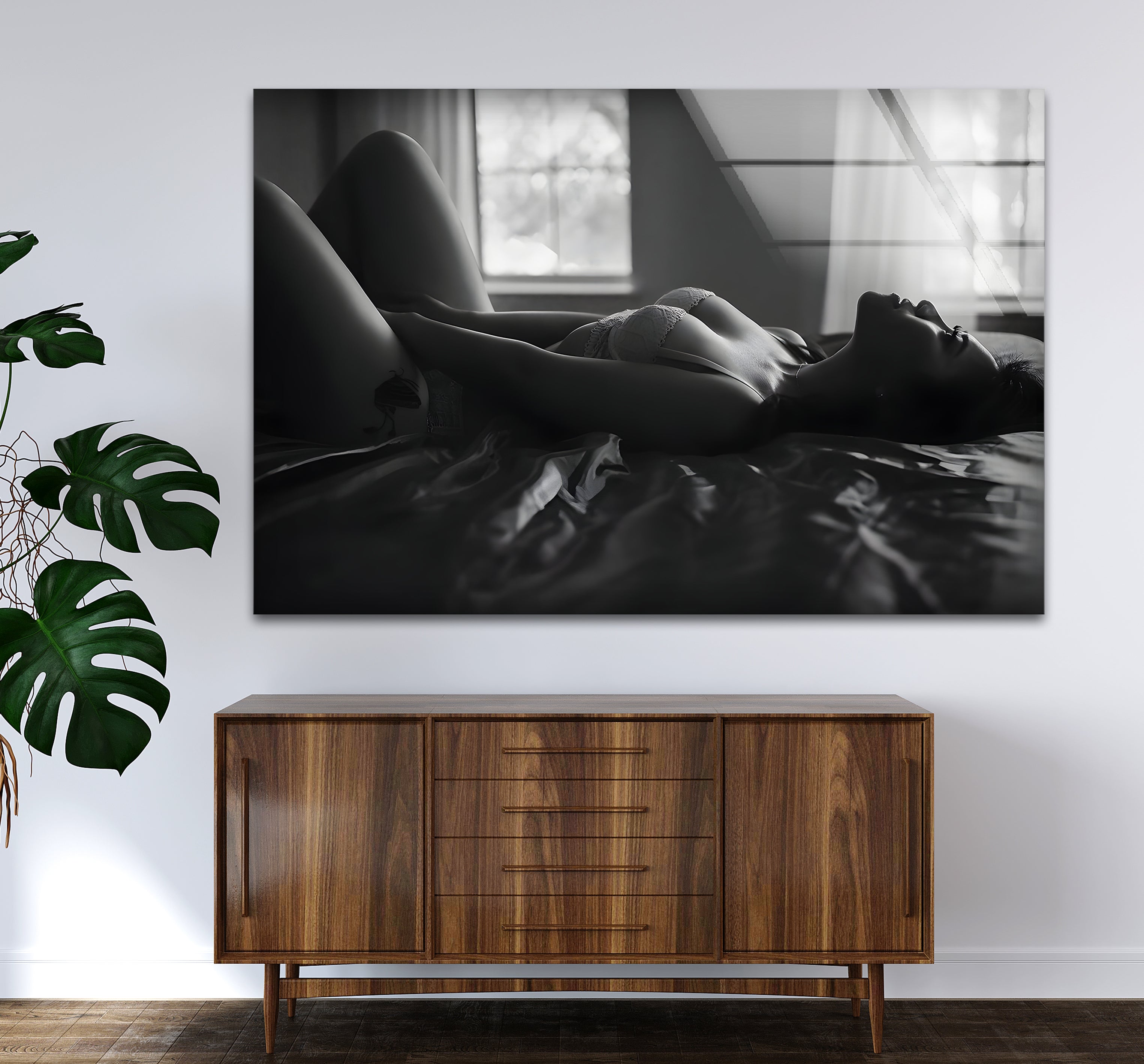 Black and White Woman on Bed Glass Wall Art - Elegant Home Decor for Living Room, Bedroom & Office - Perfect for Modern Interior Design
