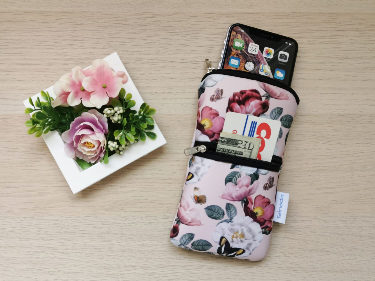 Tainada Shockproof Neoprene Phone Case with Zipper - Compatible with iPhone 16/15 Pro Max/Plus & Samsung S24/S23+/A54 - Includes Carabiner, Neck Lanyard & Belt Loop (Pink Floral) - Perfect for Outdoor Activities, Travel & Daily Protection