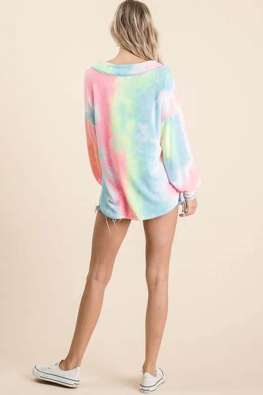 Bibi Tie Dye French Terry V-Neck Top with Puff Sleeves in Pink Multi | Women's Casual Boho Blouse | Perfect for Summer Outfits, Beach Wear & Music Festivals