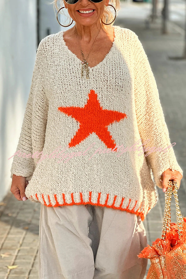 Cozy Winter Knit Sweater with Star Pattern & Contrast Colors - Loose Fit for Casual Outings, Holiday Gatherings & Cold Weather Fashion